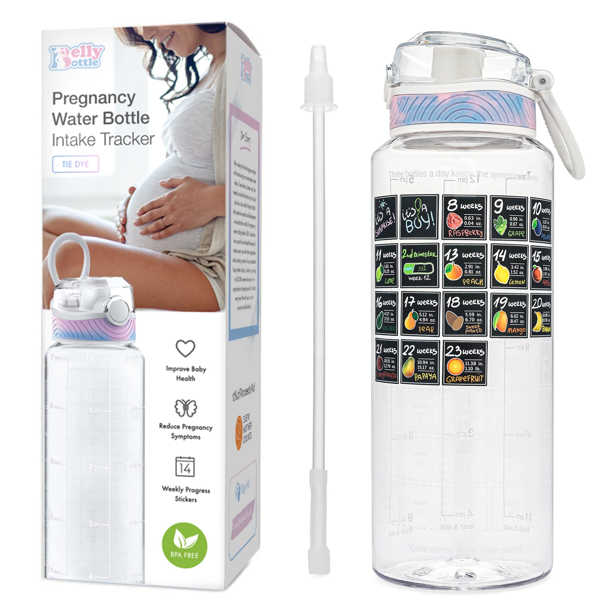BellyBottle Pregnancy Water Bottle Tracker (BPA-Free) Pregnancy Must Haves  First Trimester - Pregnancy Gifts for Women - Pregnancy Essentials for  Nausea Relief (includes Weekly Stickers + Straw) CLEAR