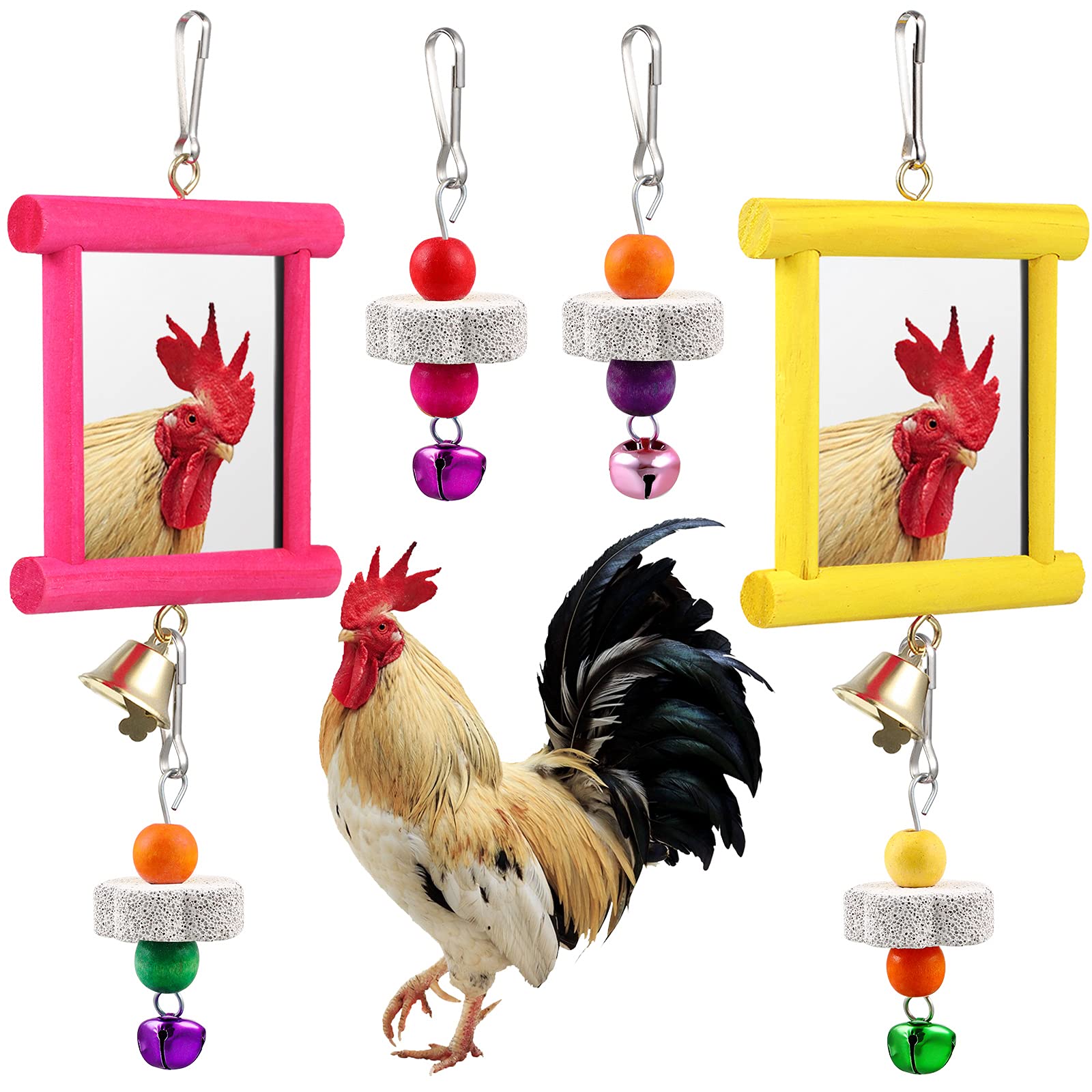 2 Pieces Chicken Mirror Toys Hanging Swing Mirror Toys with Bell Wooden  Pecking Toy and 4 Pieces Beak Grinding Molar Stones for Hens Birds Parrots