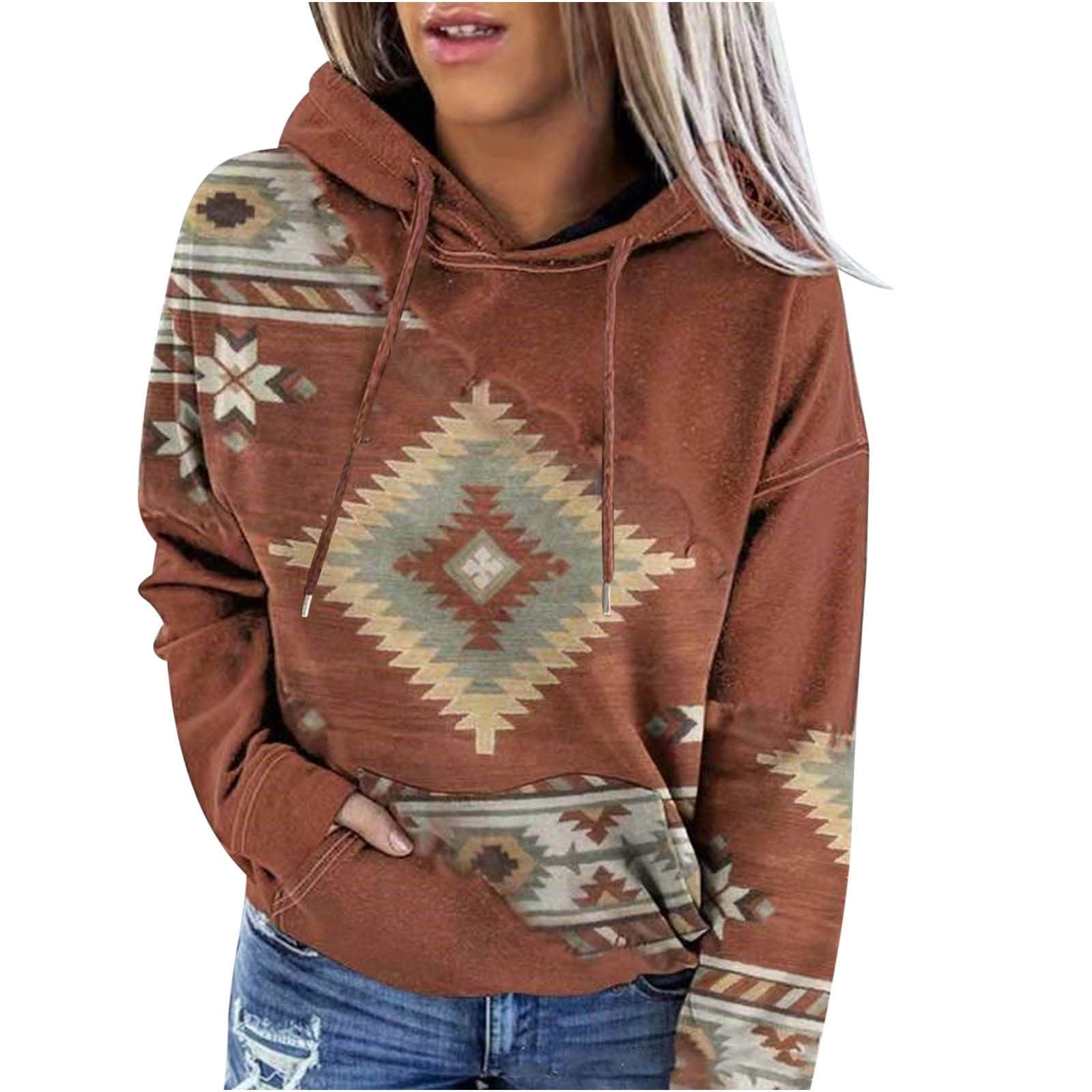 Western Shirts for Women Long Sleeve Aztec Geometric Hoodies Plus Size  Vintage Graphic Sweatshirt Casual Ethnic Pullover Tops 09-coffee 3X-Large