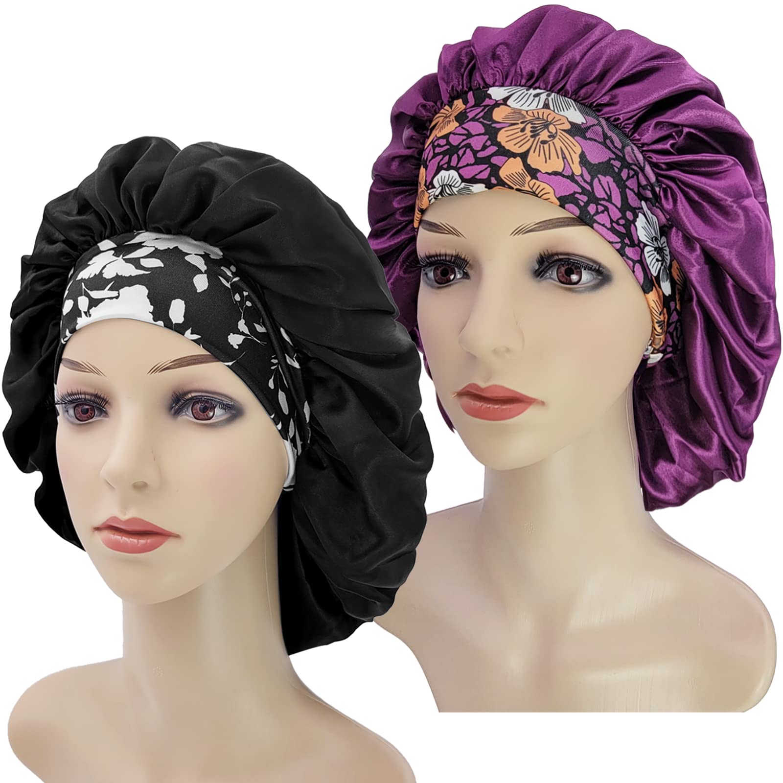 2PCS Satin Bonnets for Women,Soft Wide Elastic Band Silk Bonnet