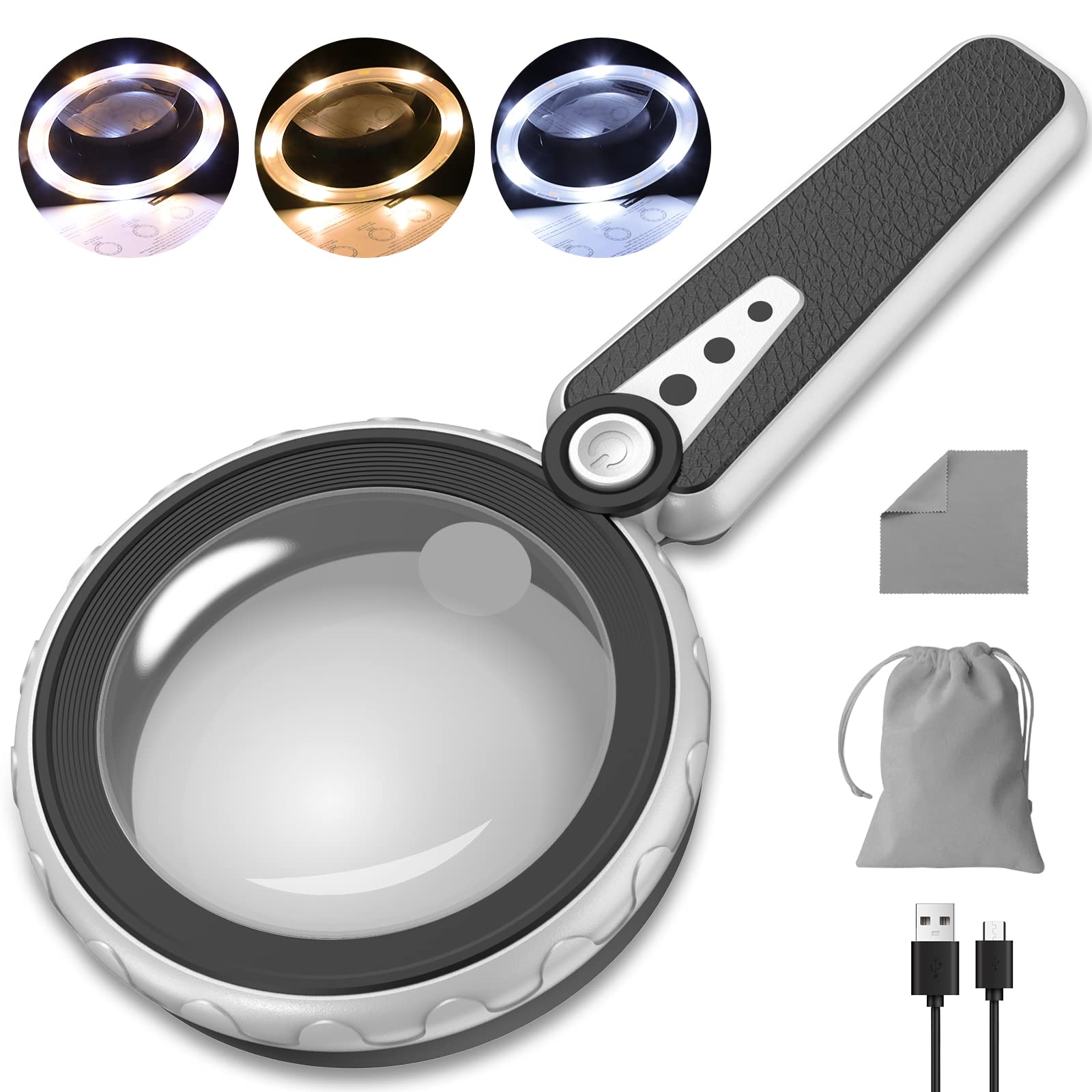 Magnifying Glass With Light, 10x Handheld Large Magnifying Glass 12 Led