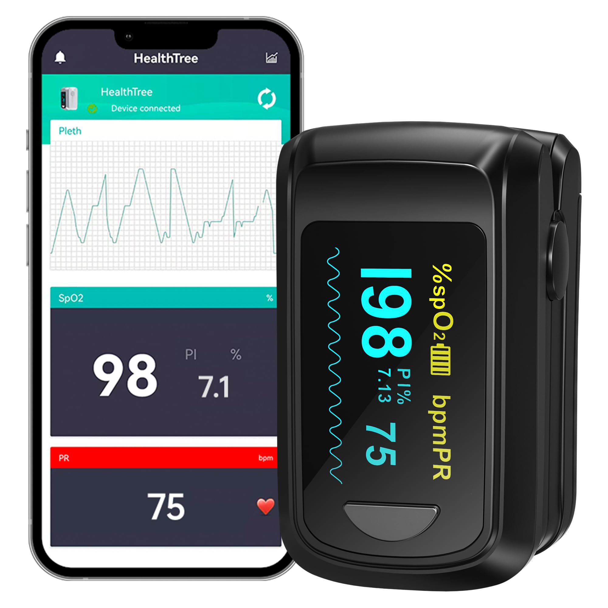  HealthTree Bluetooth Pulse Oximeter Fingertip, Blood Oxygen  Saturation Monitor and Heart Rate Monitor with Free APP, for Apple and  Android, 2 X AAA Batteries, Lanyard : Health & Household