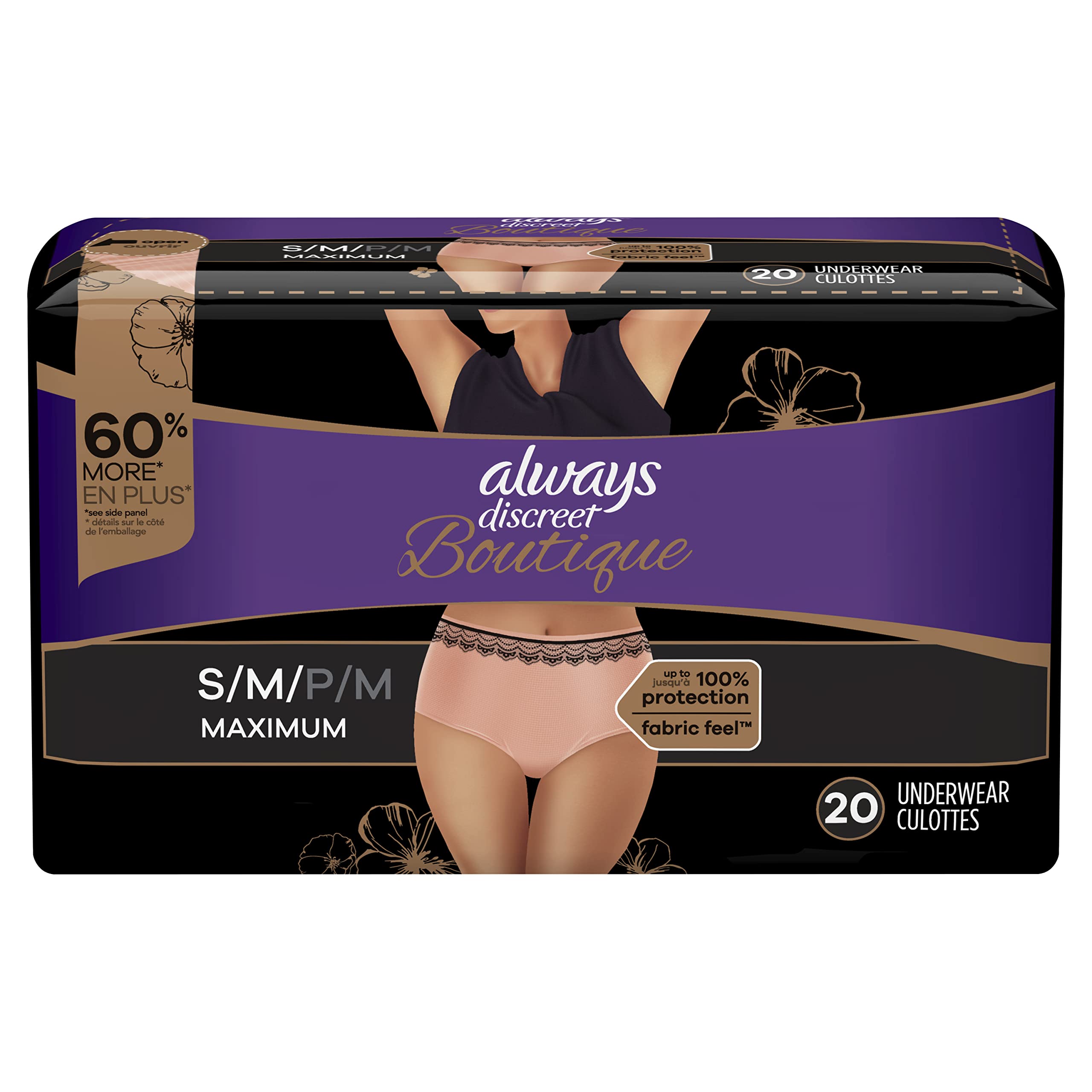 Always Discreet Boutique Adult Incontinence & Postpartum  Underwear for Women, Low-Rise, Size Small/Medium, Black, Maximum  Absorbency, Disposable, 24 Count : Health & Household
