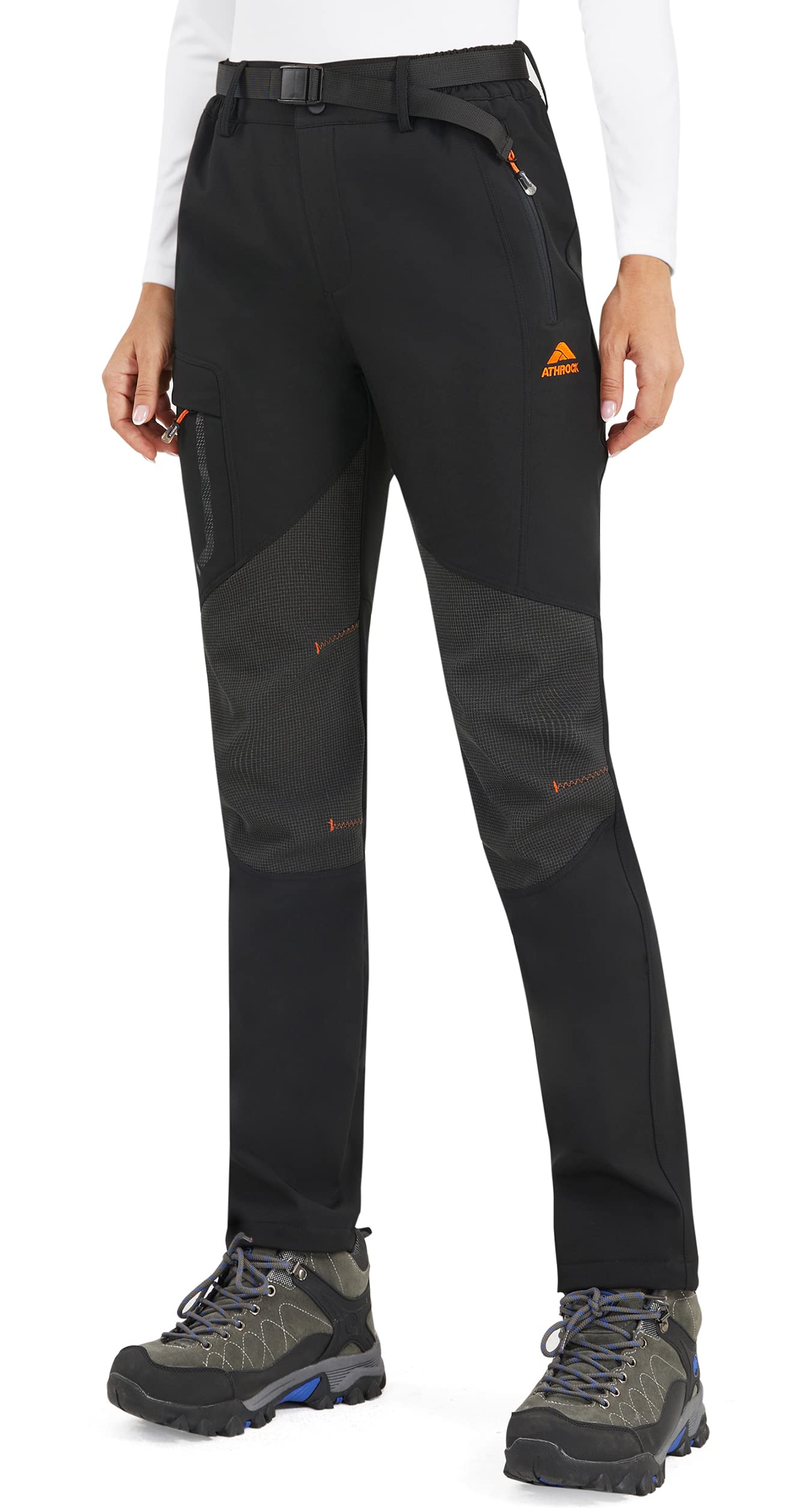 Athrock Women's Snow Ski Waterproof Windproof Fleece Lined Cargo Hiking  Pants with 4 Zipper Pockets Small Black