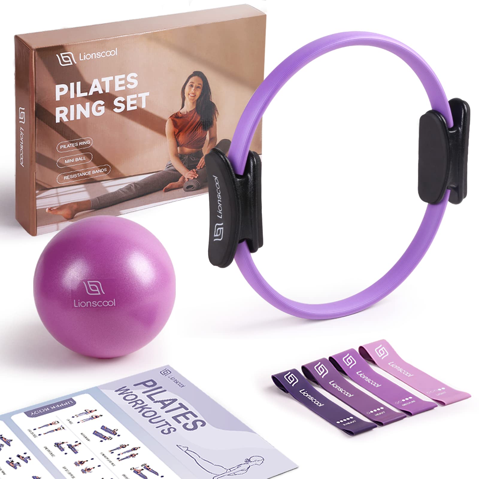 LIONSCOOL PILATES RING SET - Premium Anti-Deformation 14”Magic Circle with  Dual Padded Handles - Includes Burst Resistant Pilates Mini Ball & Highly