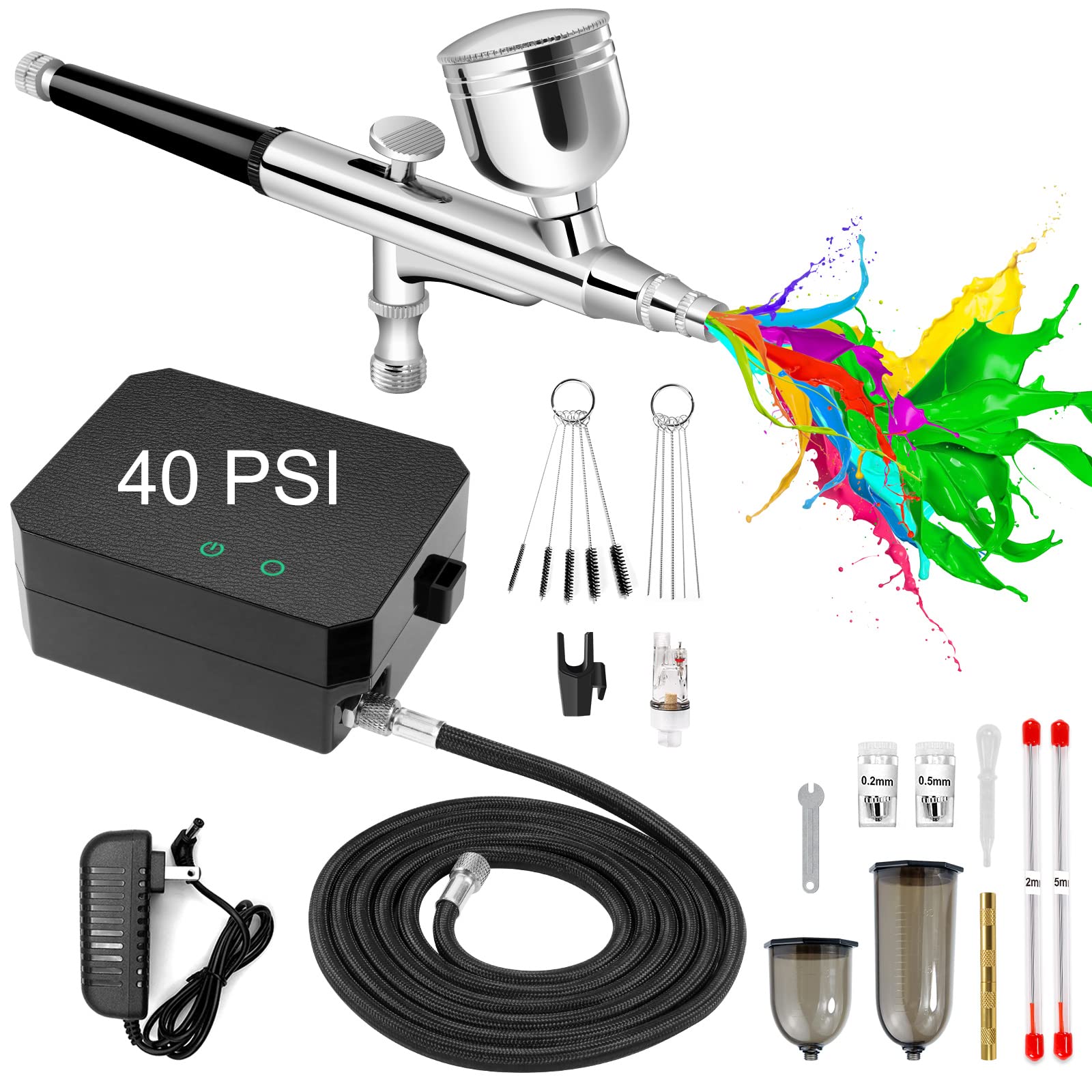 COSVII Airbrush Kit Upgraded 40 PSI Air Brush Painting Kit with Compressor  Gravity Feed Dual Action Airbrush Gun Set with 0.2/0.3/0.5 mm Nozzles for  Art Model Makeup Nail Cake Decorating black 40 PSI