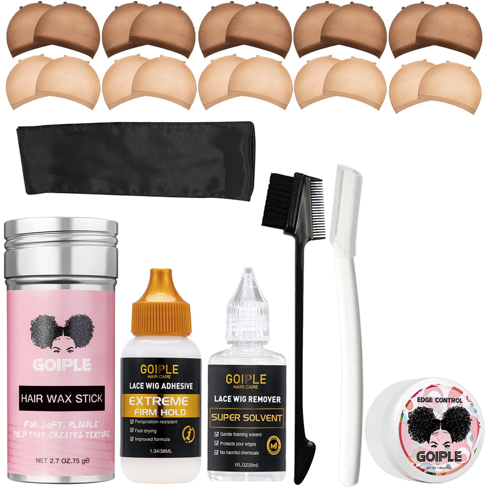 Wig Accessory Essentials Kit Lace Front Wig Glue & Remover, Wig Caps,  Elastic Band, Hair Wax Stick, Edge Control, Edge Brush, Hair Shear  Dermaplanning Razor Tool and Edge Scarf - 28PCS
