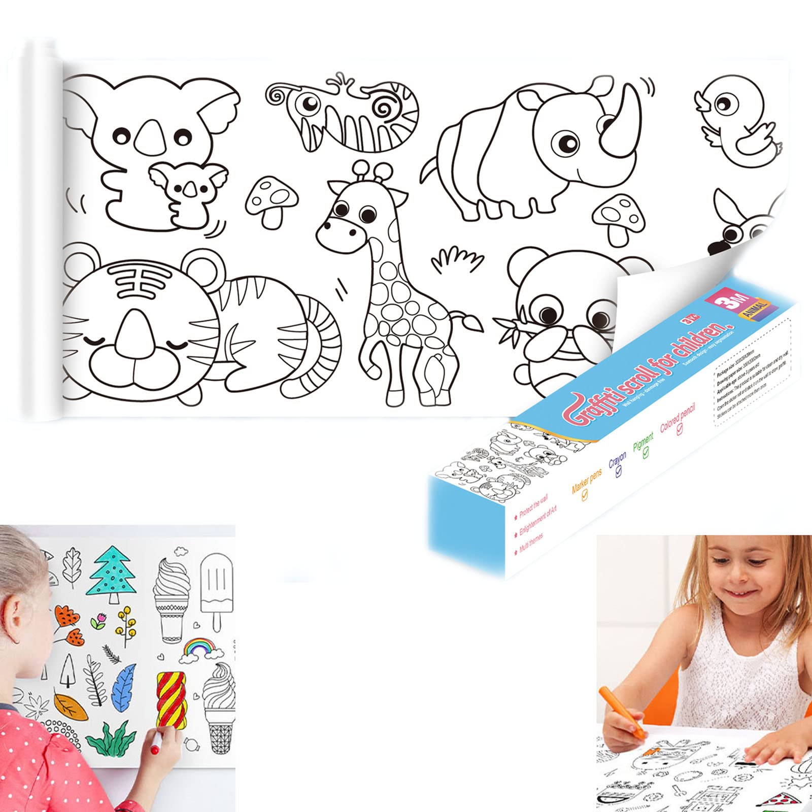  Childrens Drawing Roll,Drawing Roll Paper for Kids,Childrens  Coloring Roll,Coloring Paper Roll for Kids,Drawing Roll Paper for Kids  Sticky(Animal World + 12 Colored Pencils) : Arts, Crafts & Sewing