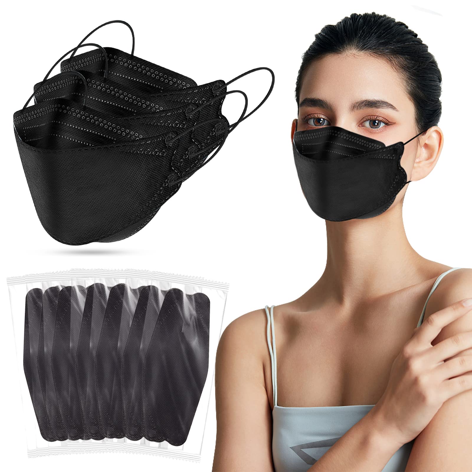 60PCS KF94 Disposable Face Mask Disposable Individually Packaged Masks Fish  Mouth Type 4-Ply Breathable Mask with Adjustable Nose Comfortable  Breathable. Outdoor Daily Use (Black) Black 60 Count (Pack of 1)