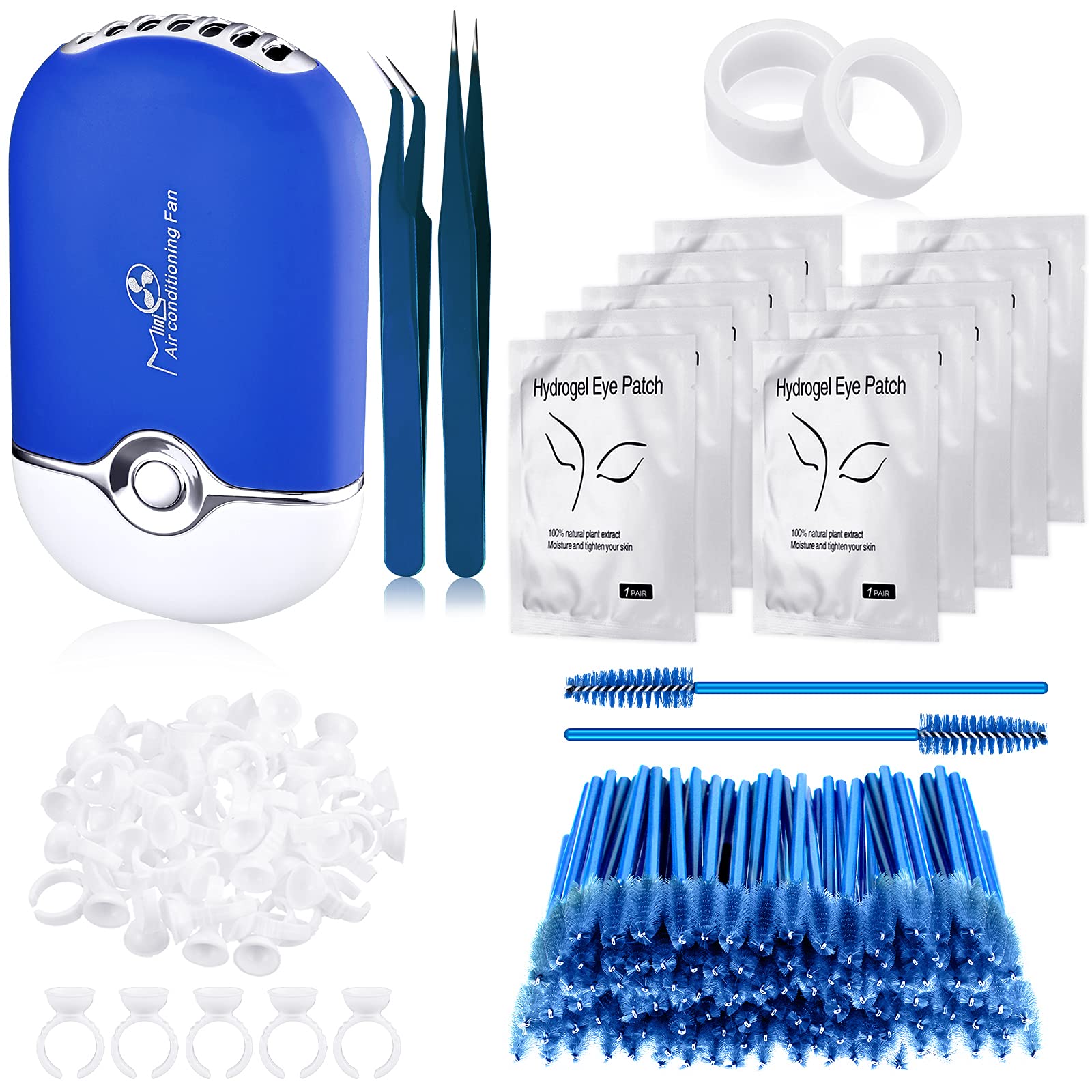 Honoson Eyelash Extension Supplies, USB Air Conditioning Blower, 2 Straight  and Curved Tweezers,100 Disposable Mascara, 50 Glue Ring Holder, 2 Tapes