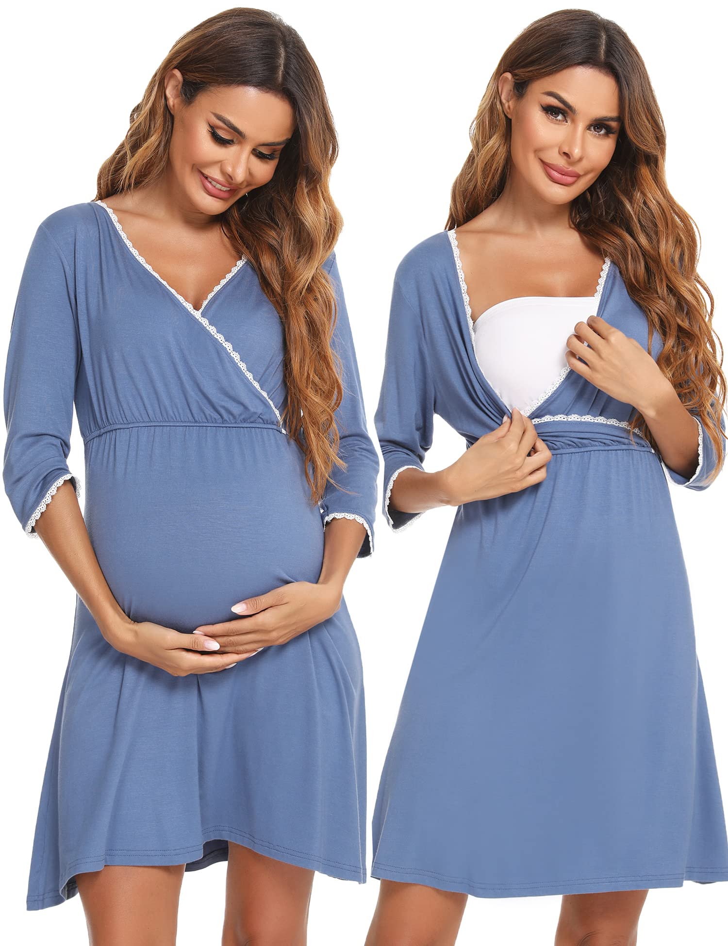 Sykooria Women's Breastfeeding Dress Cotton Soft Nursing Nightdress 3/4  Length Sleeves Maternity Nightdress Labour Nightgown for Hospital and Home  A - Blue M