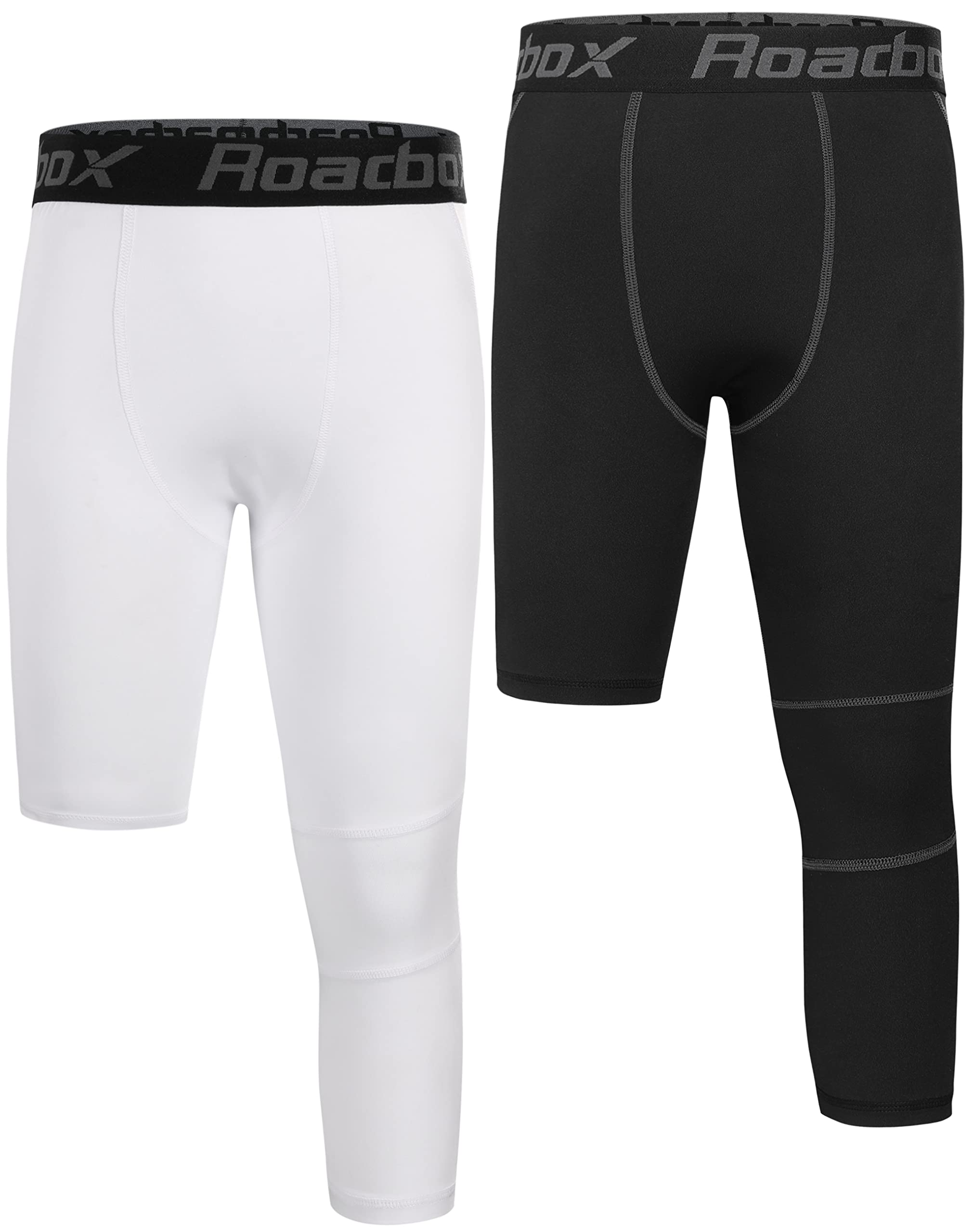 Roadbox Boys One Leg 3/4 Compression Pants 2 Pack - Basketball Tights for  Gym Athletic Base Layer Leggings Left-black+white Large