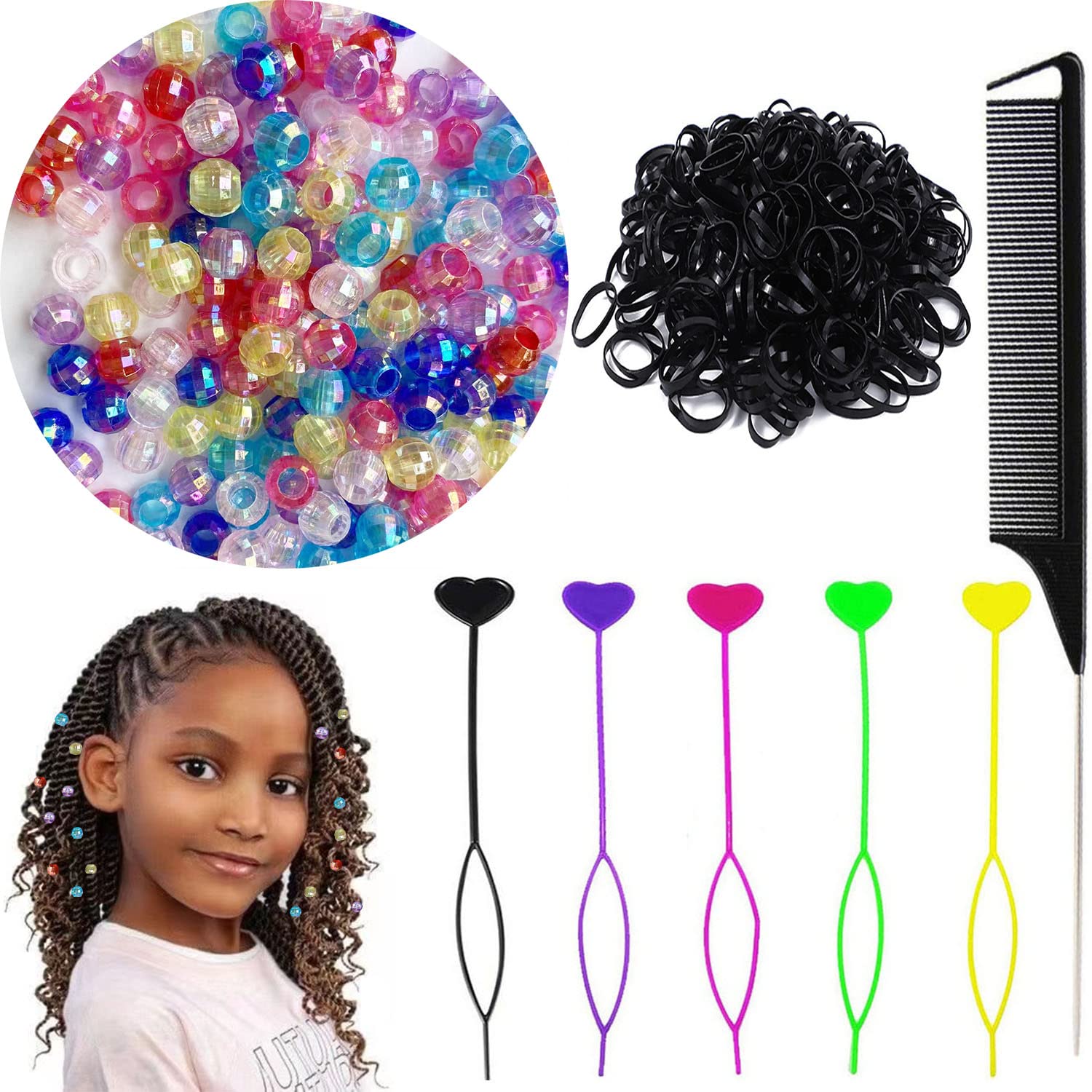  406pcs Hair Beads Set for Braids for Girls and Women Including  200pcs Clear Hair Beads for Braids for Kids,200pcs Elastic Rubber  Bands,5pcs Quick Beader for Hair Braids and 1Pc Rat
