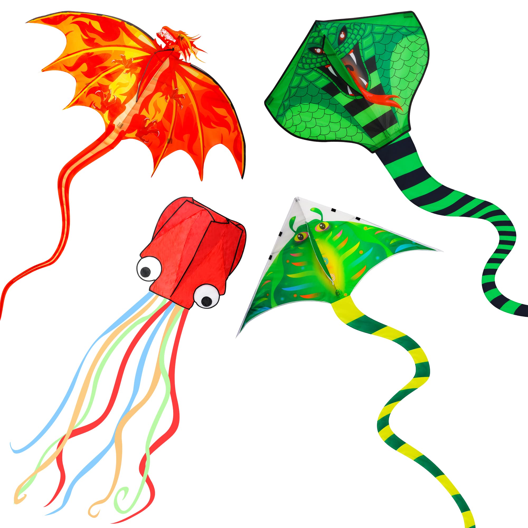 4 Pack Kites - Large Fire Dragon Kite Green Snake Kite Devil Fish Kite Red  Mollusc Octopus