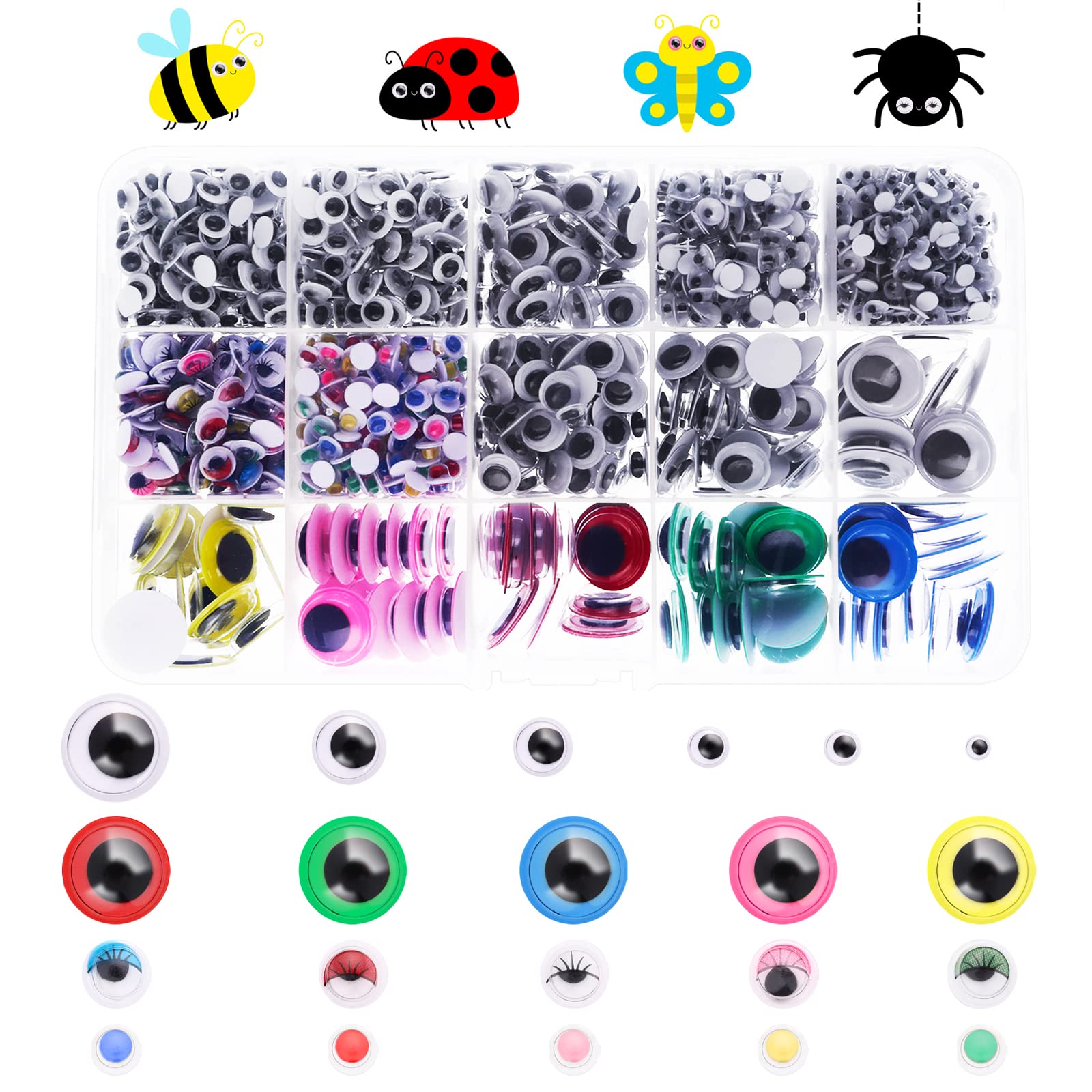 Prasacco 1500 Pcs Googly Eyes Self Adhesive, Wiggle Eyes for Crafts  Multi-Color Multi-Size (4/5/6/8/10/15mm)