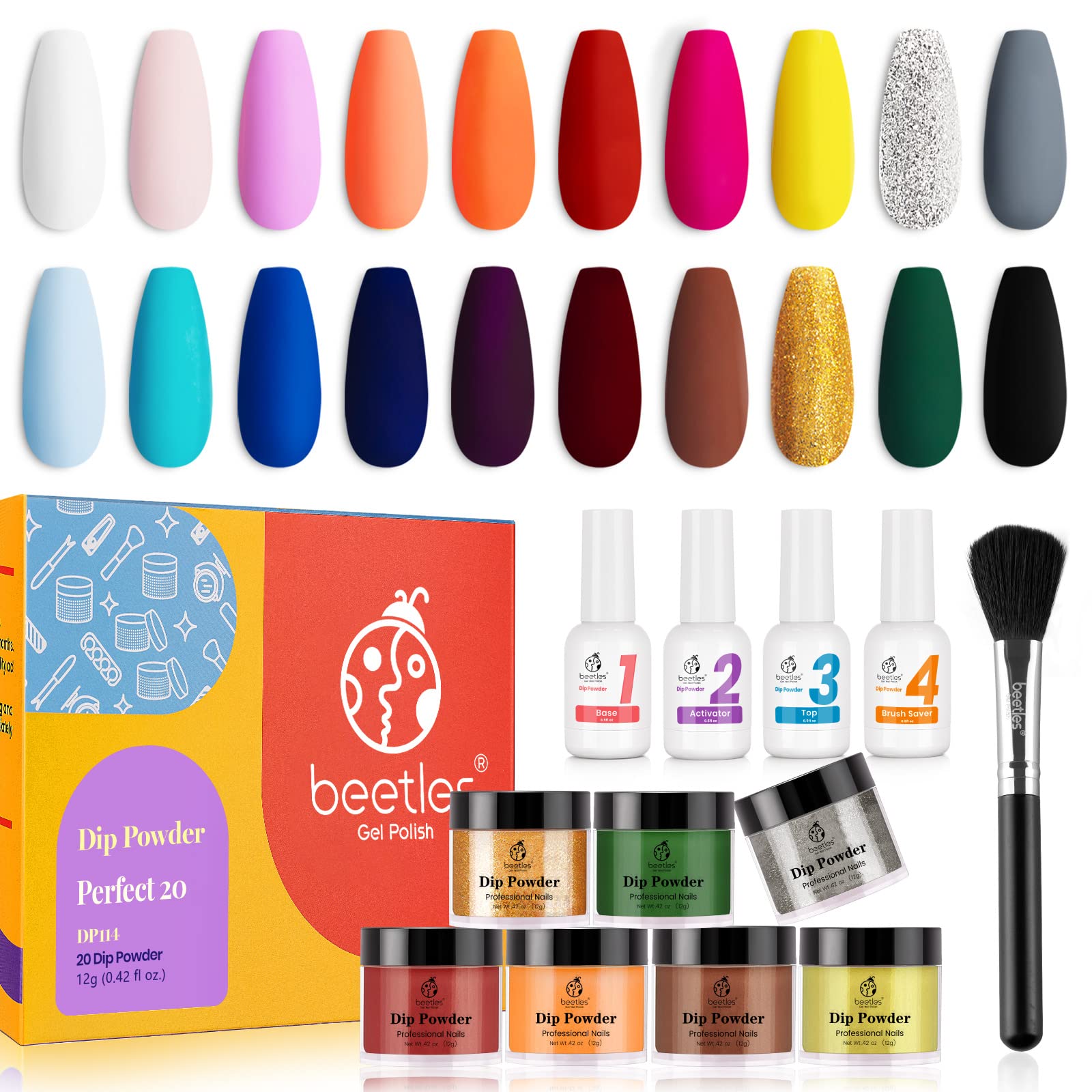 Beetles Dip Powder Nail Kit Starter, 20 Colors Black White Golden Glitter  Dipping Powder Set for