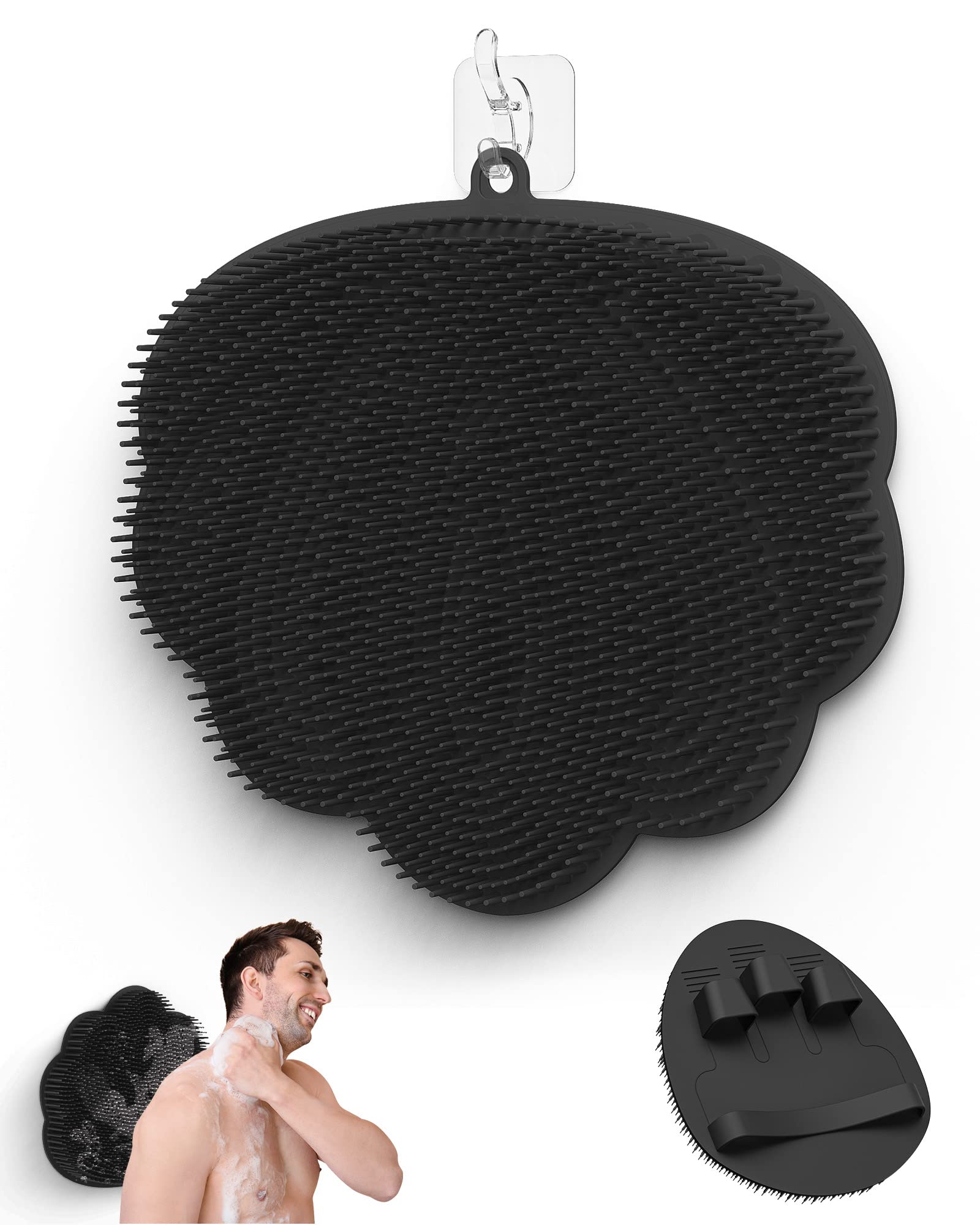 ManmiHealth Upgrade Silicone Back Scrubber Mat & Bath Glove Set(2 PCS)  Hands-Free Foot Scrubber for Shower Powerful Suction Shower Scrubber with  Body & Face Scrubber and Free Hook.(Black)