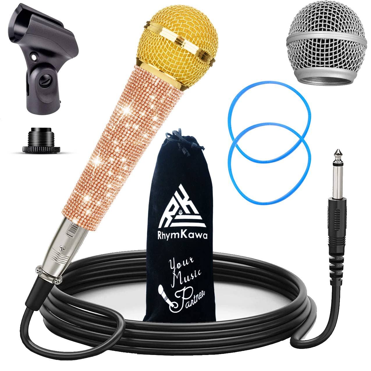 Rose Gold Wired Microphone with 3.5M XLR Cable Clip Holder and Nut