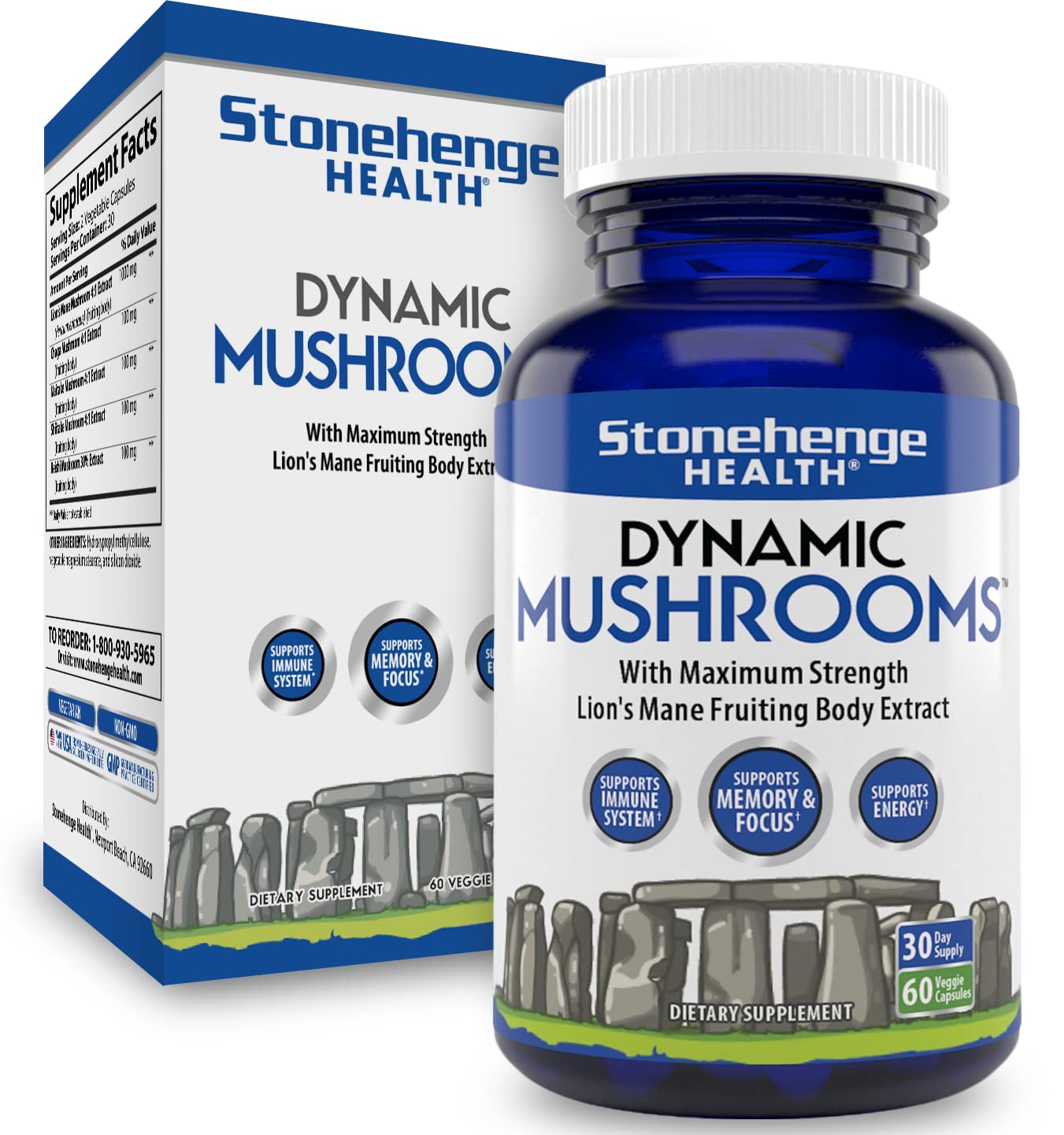 Stonehenge Health Dynamic Mushrooms - 100% Fruiting Bodies & Extracts -  Lions Mane, Chaga, Maitake, Shiitake, Reishi - Nootropic Brain & Focus,  Immune System Booster - No Mycelium -60 Veggie Capsules