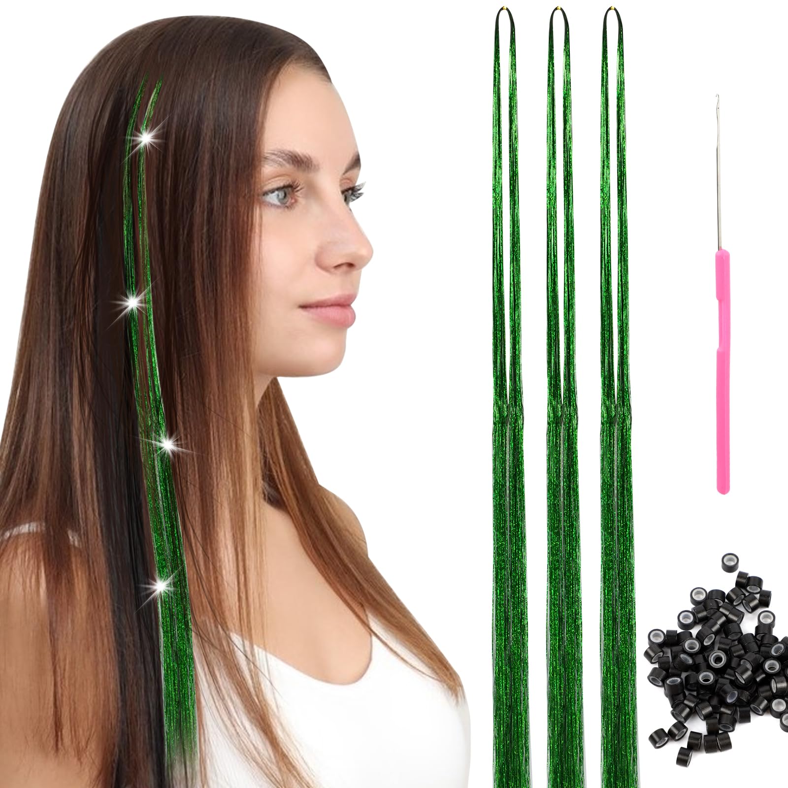 Hair Tinsel Extensions 600 Strands with Tools Sparkling Shiny Hair