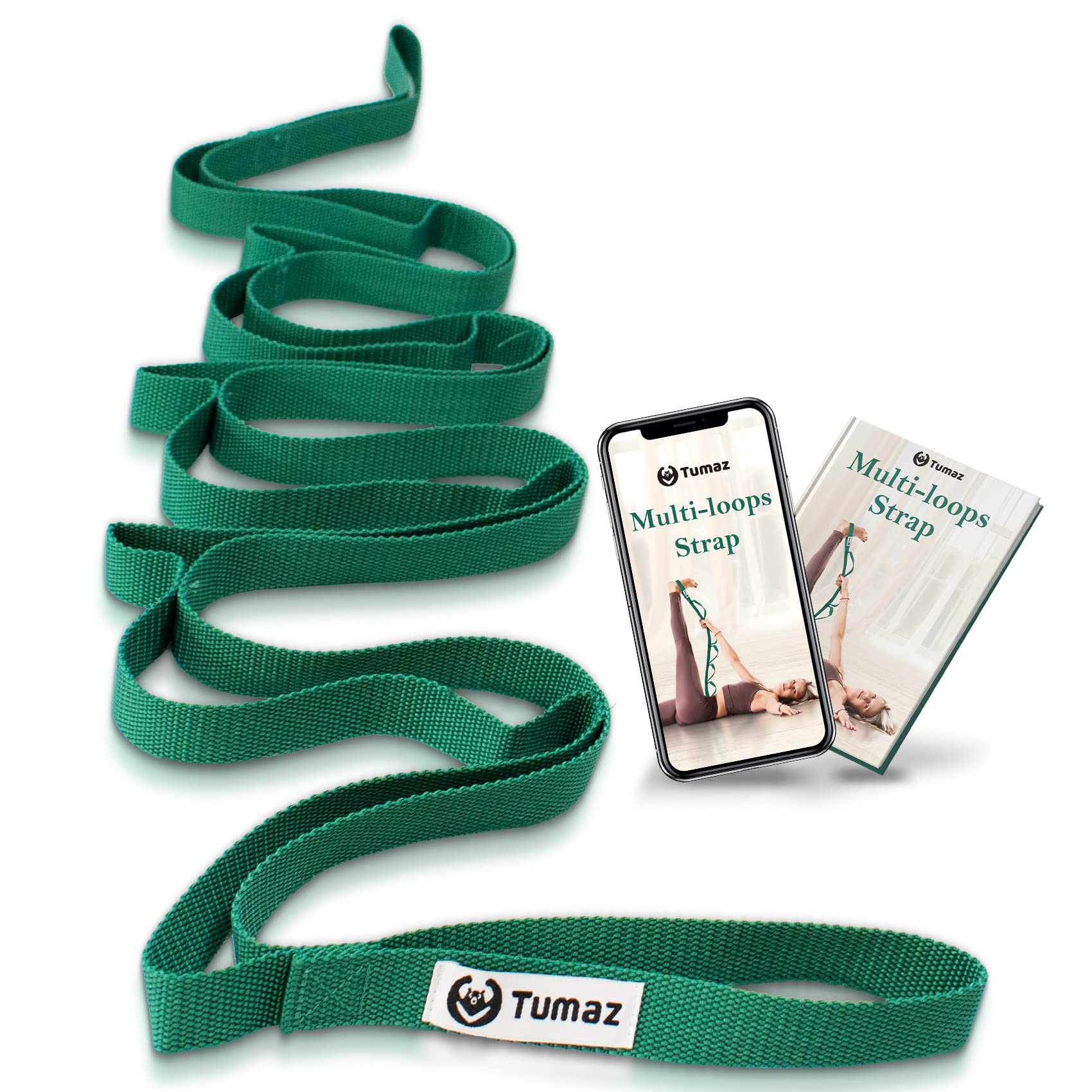 Tumaz Stretching Strap - 10 Loops & Non-Elastic Yoga Strap Budget Version-  The Perfect Home Workout Stretch Strap for Physical Therapy, Yoga, Pilates,  Flexibility - Included E-Book, Extra Durable 08. Green