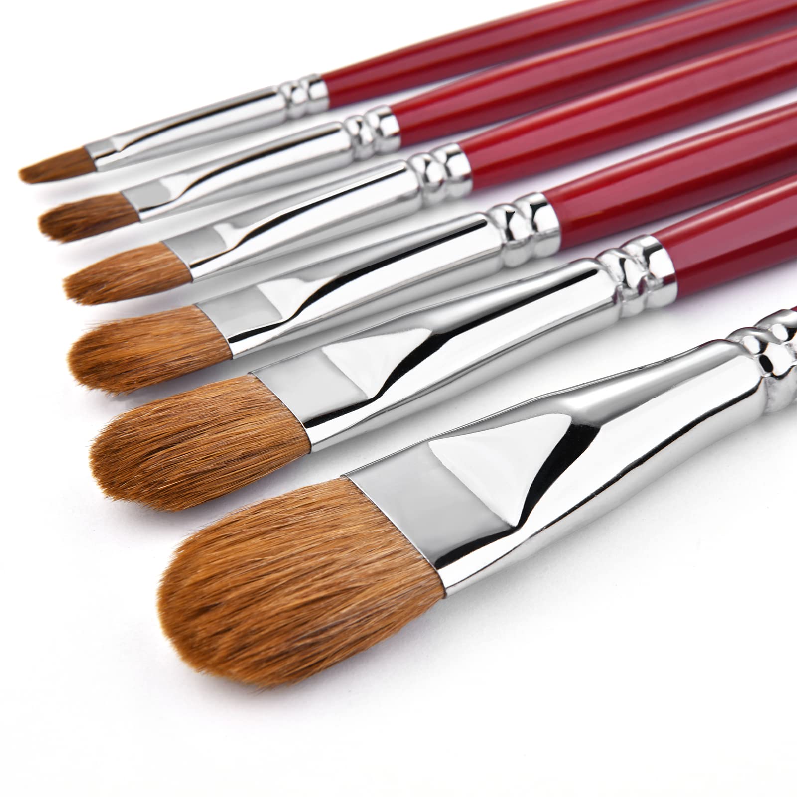 Red Sable Filbert Paint Brushes - Set of 6 Acrylic, Watercolor, Mixed Media or O