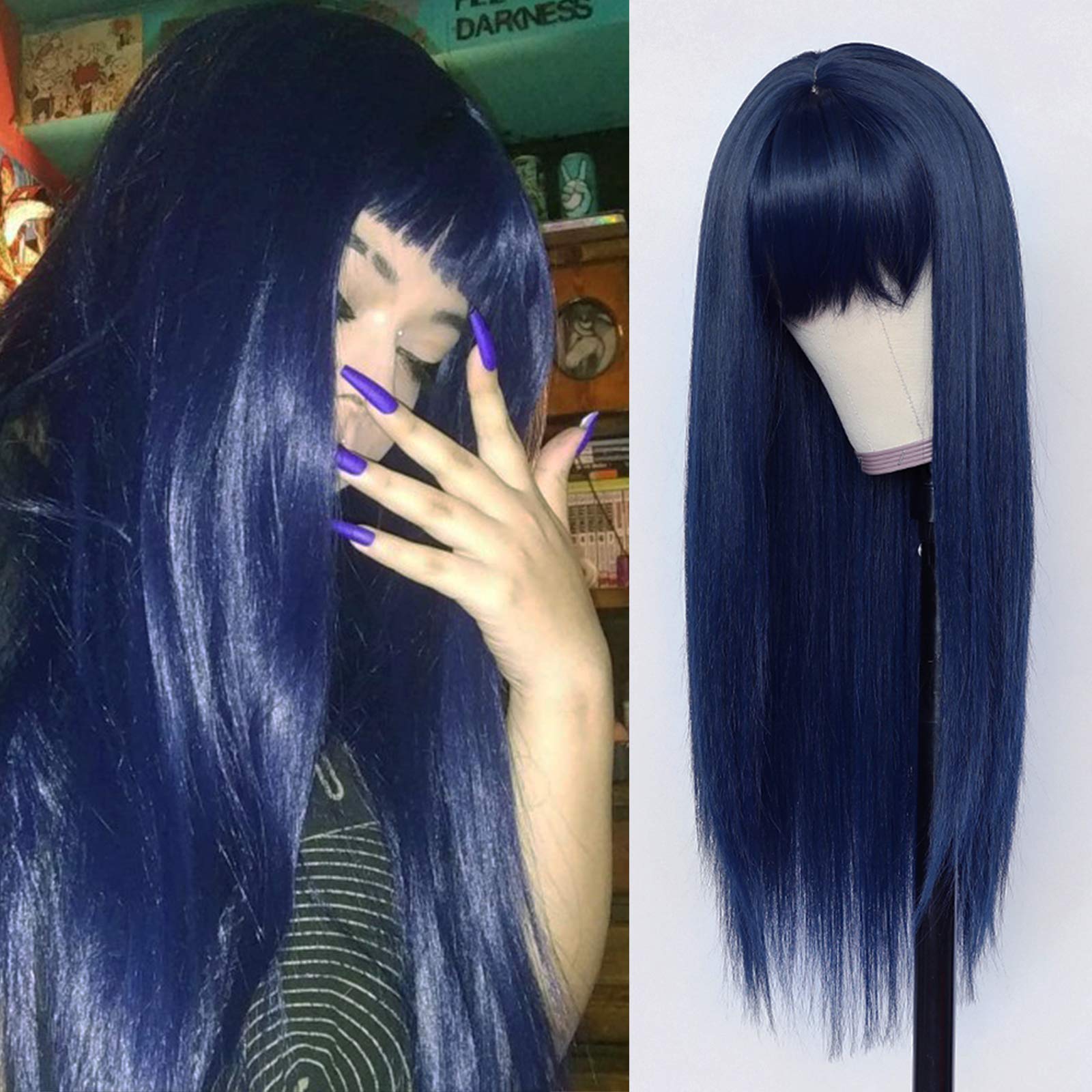 TaBeWay Synthetic Replacement Hair Wig With Bangs Blue Color Heat