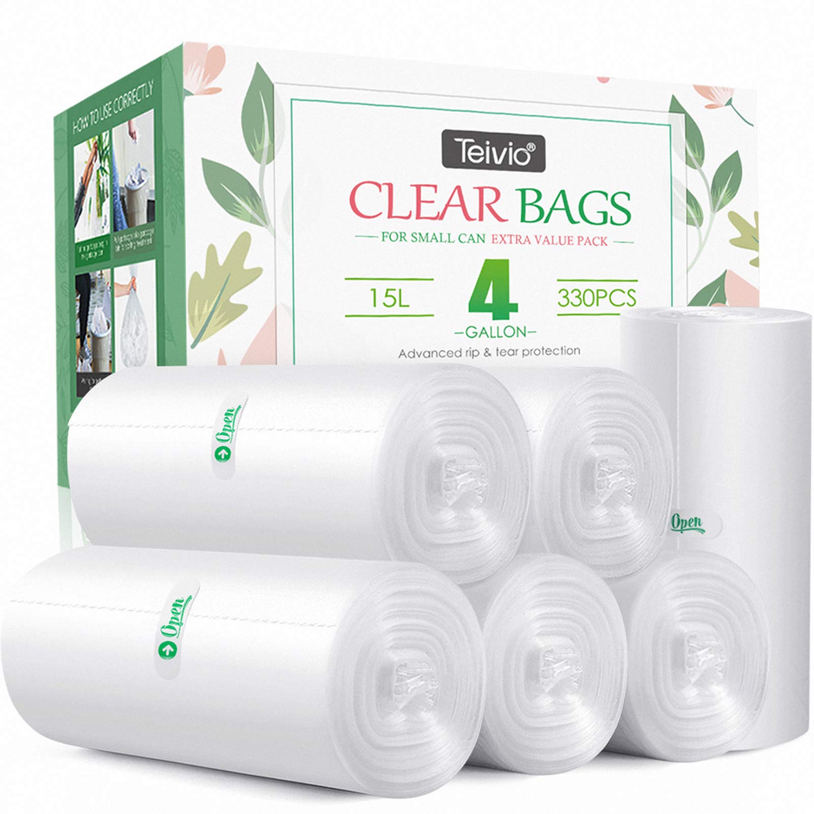 4 gallon 220 counts strong trash bags garbage bags, bathroom trash can bin  liners, small plastic bags for home office kitchen, fit 12-15 liter
