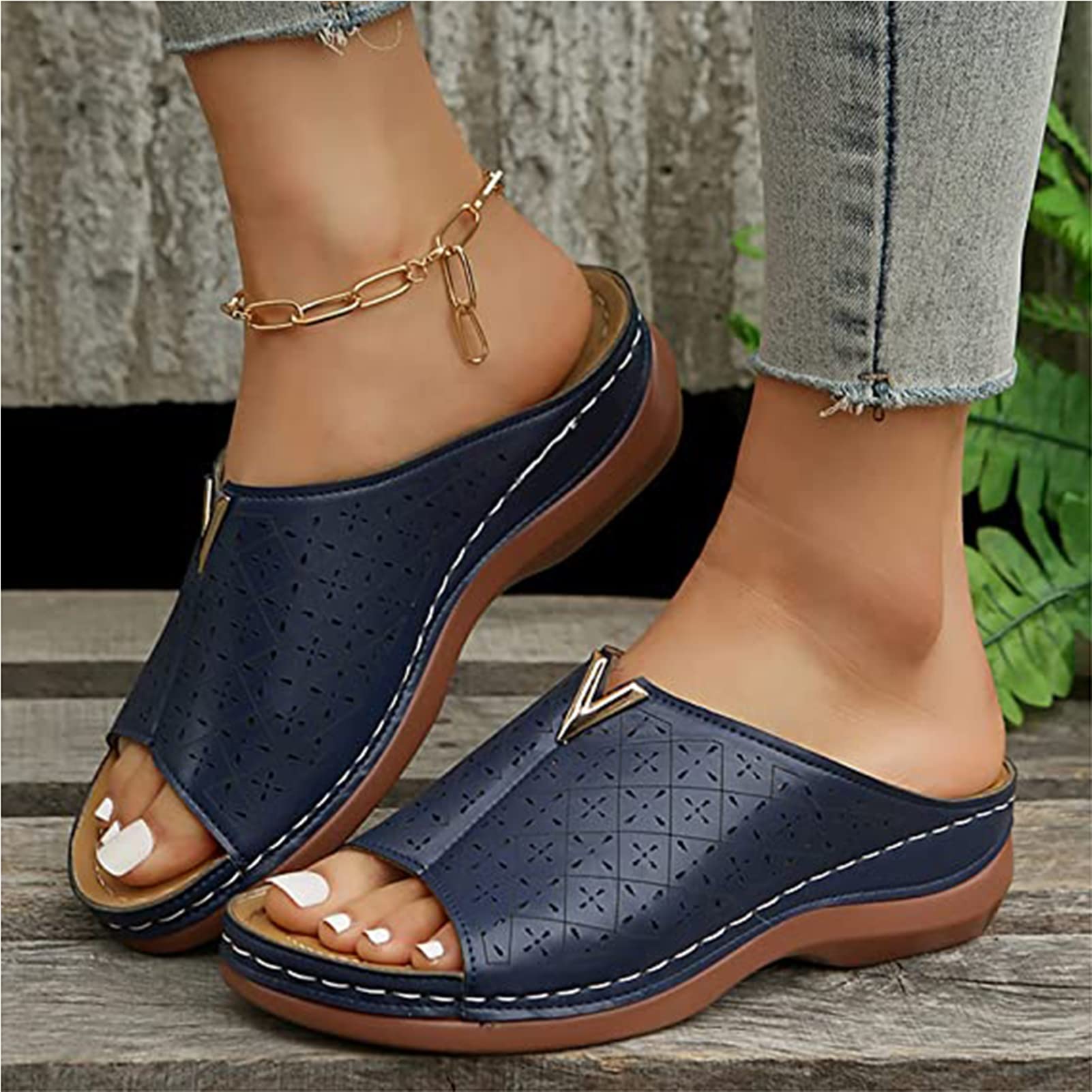 Women's Summer Sandals Comfort Platform Orthotic Slide Sandals Non Slip  Open Toe Slippers with Concealed Orthotic