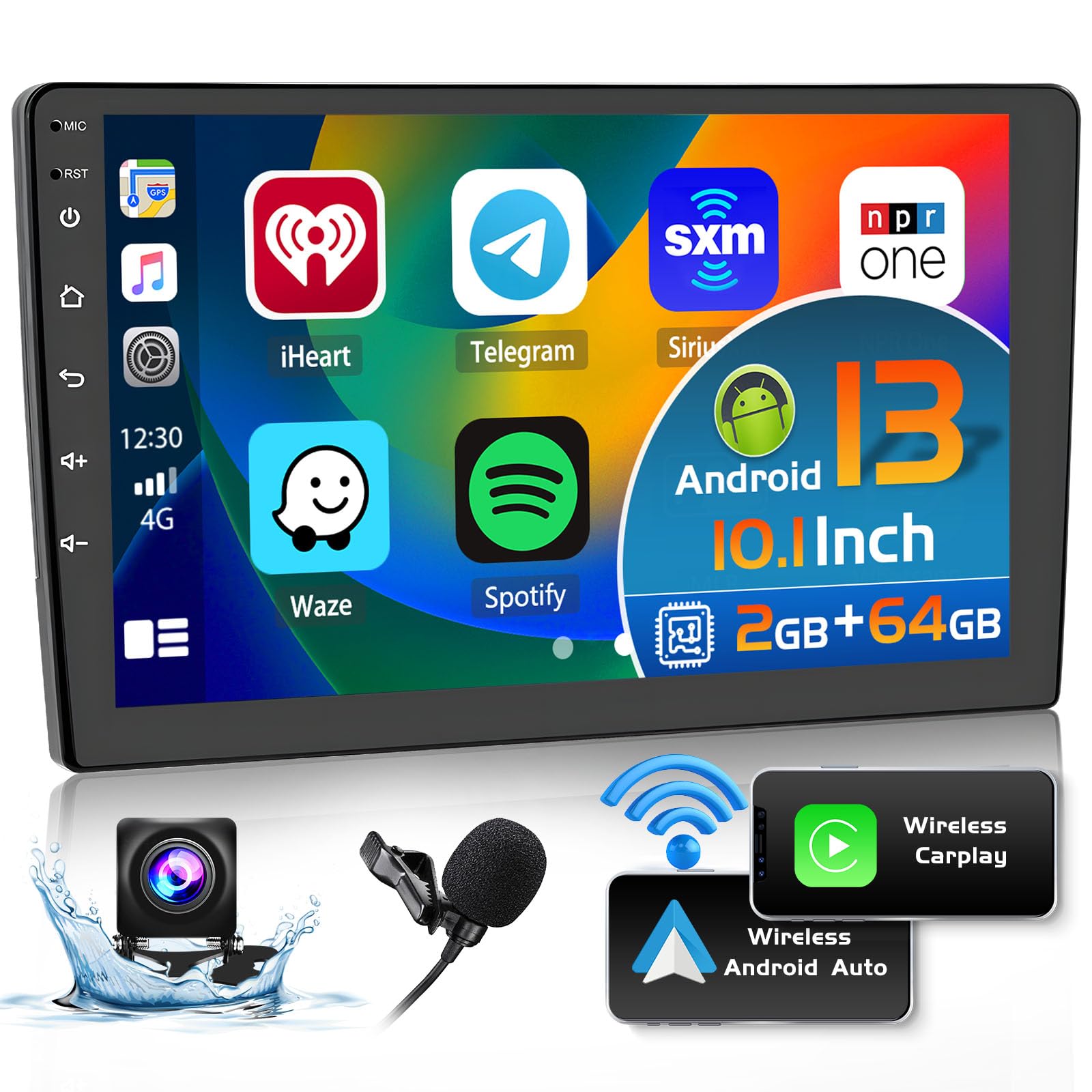 2G+64G Hikity 10.1 Inch Double Din Android 13 Car Stereo Wireless