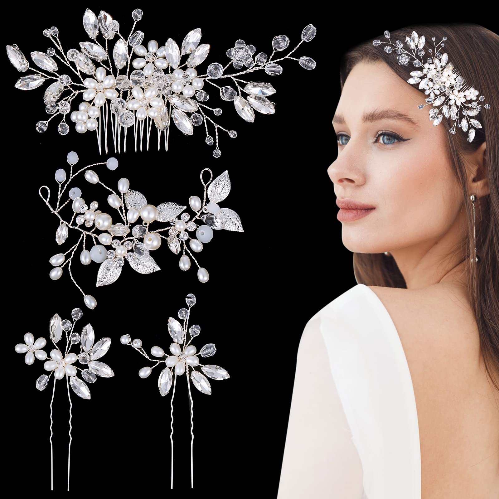 4 Pieces Wedding Bride Hair Comb Silver Bridal Hair Vine Leaf Pearl Hair  Pieces Rhinestone Flower