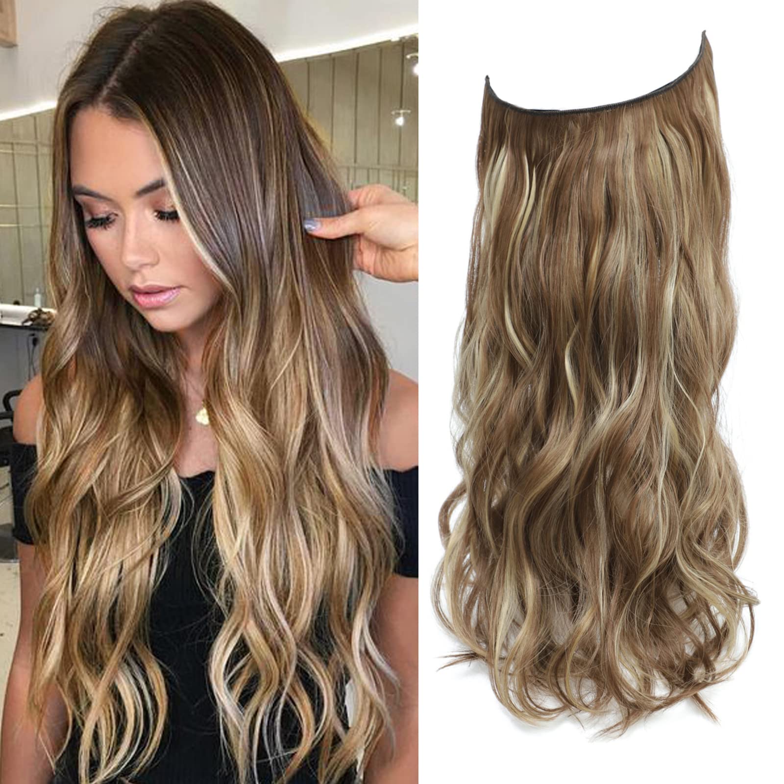 Invisible Wire Hair Extension Brown with Golden Highlights Friendly  Synthetic 20 inch Wavy Pieces for Women