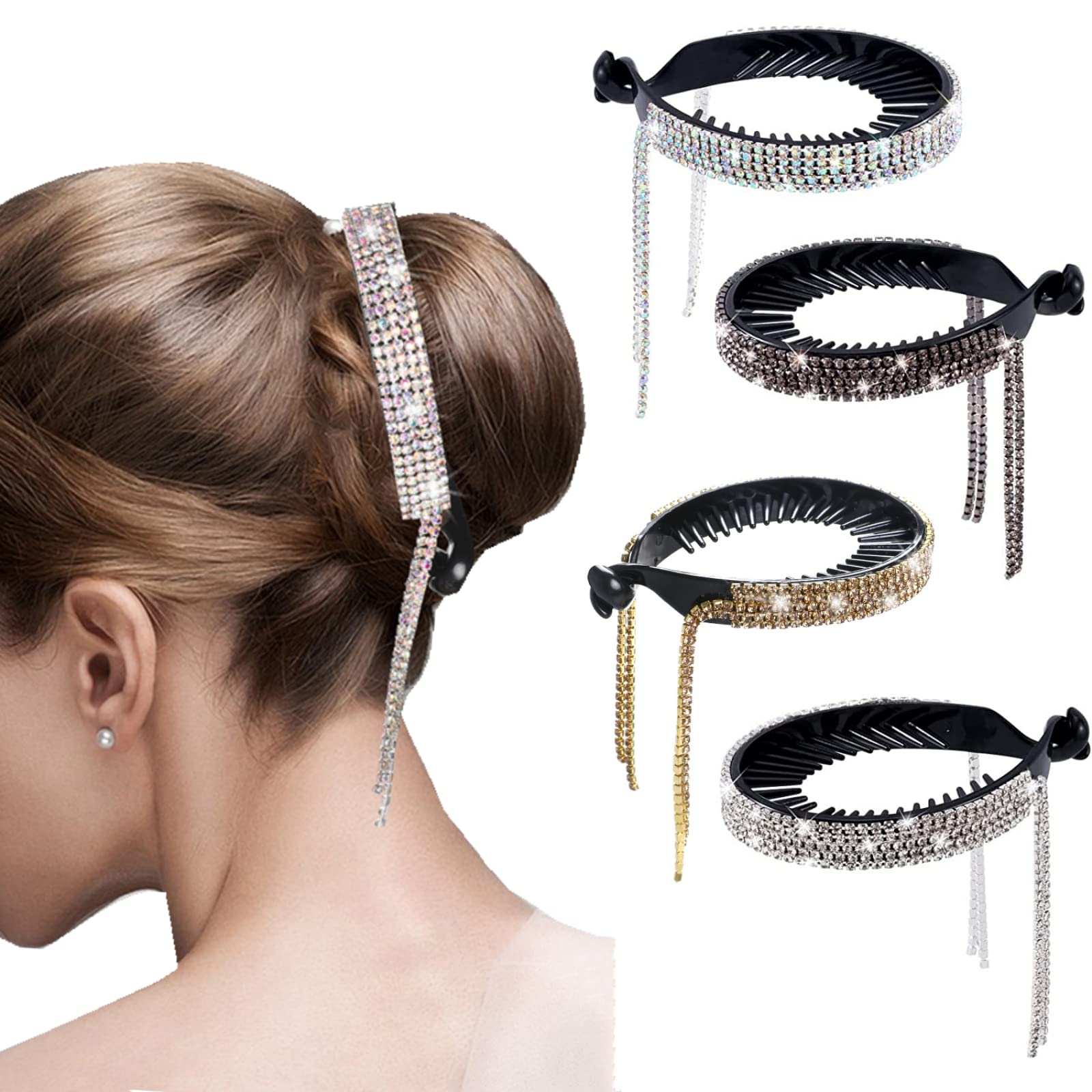 ANCIRS 4 Colors Tassel Ponytail Hair Clips for Women Rhinestone Hair Styling Claws for Buns Hair Holder Large Glittering Hair Pins Accessories for