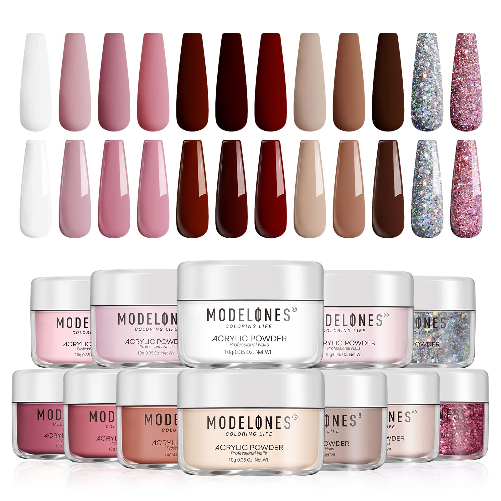 Modelones 10 Colors Acrylic Powder & 2 Jars Nail Glitter Set, Pink