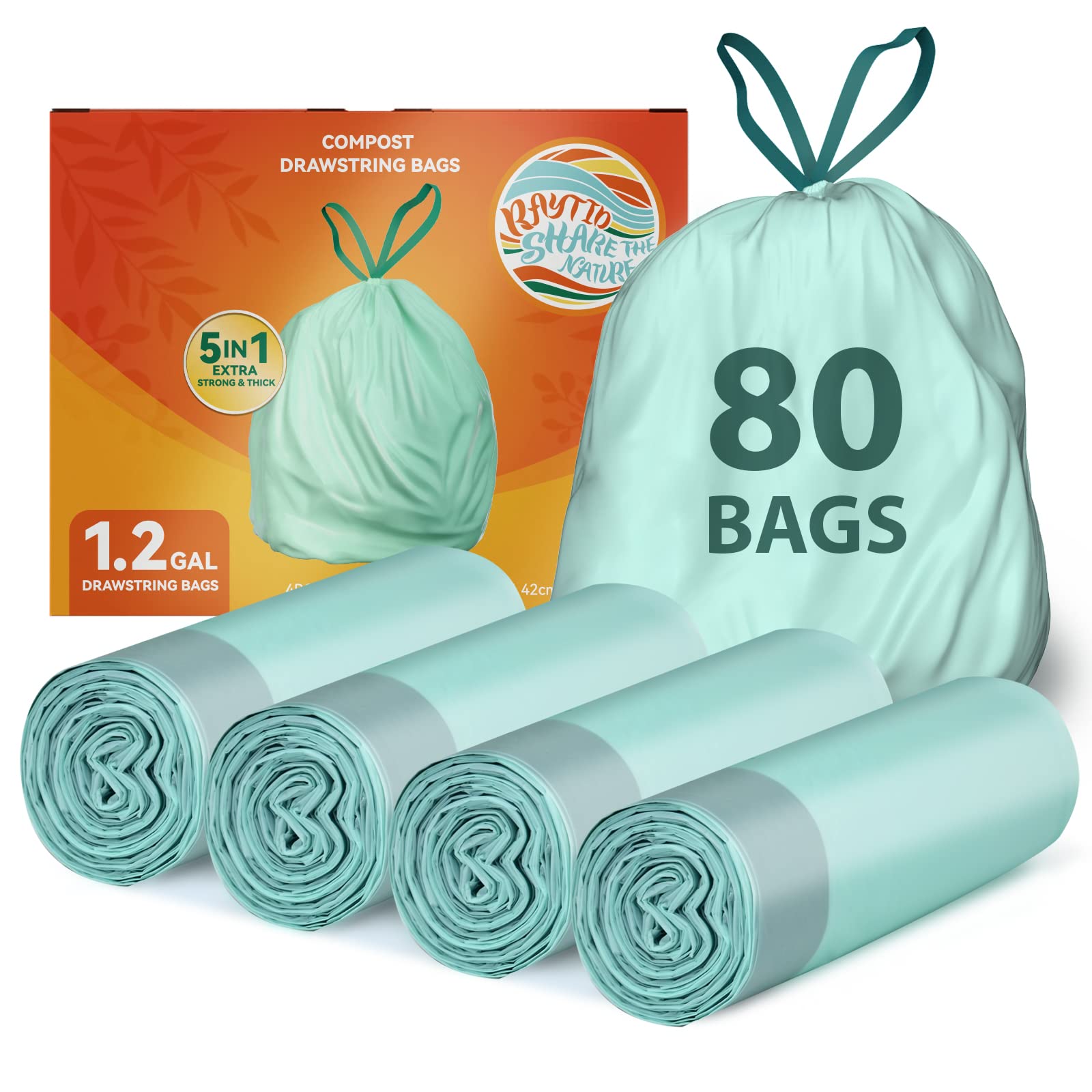 Compostable Drawstring Bags, 5.2 Gallon, 20 Liter