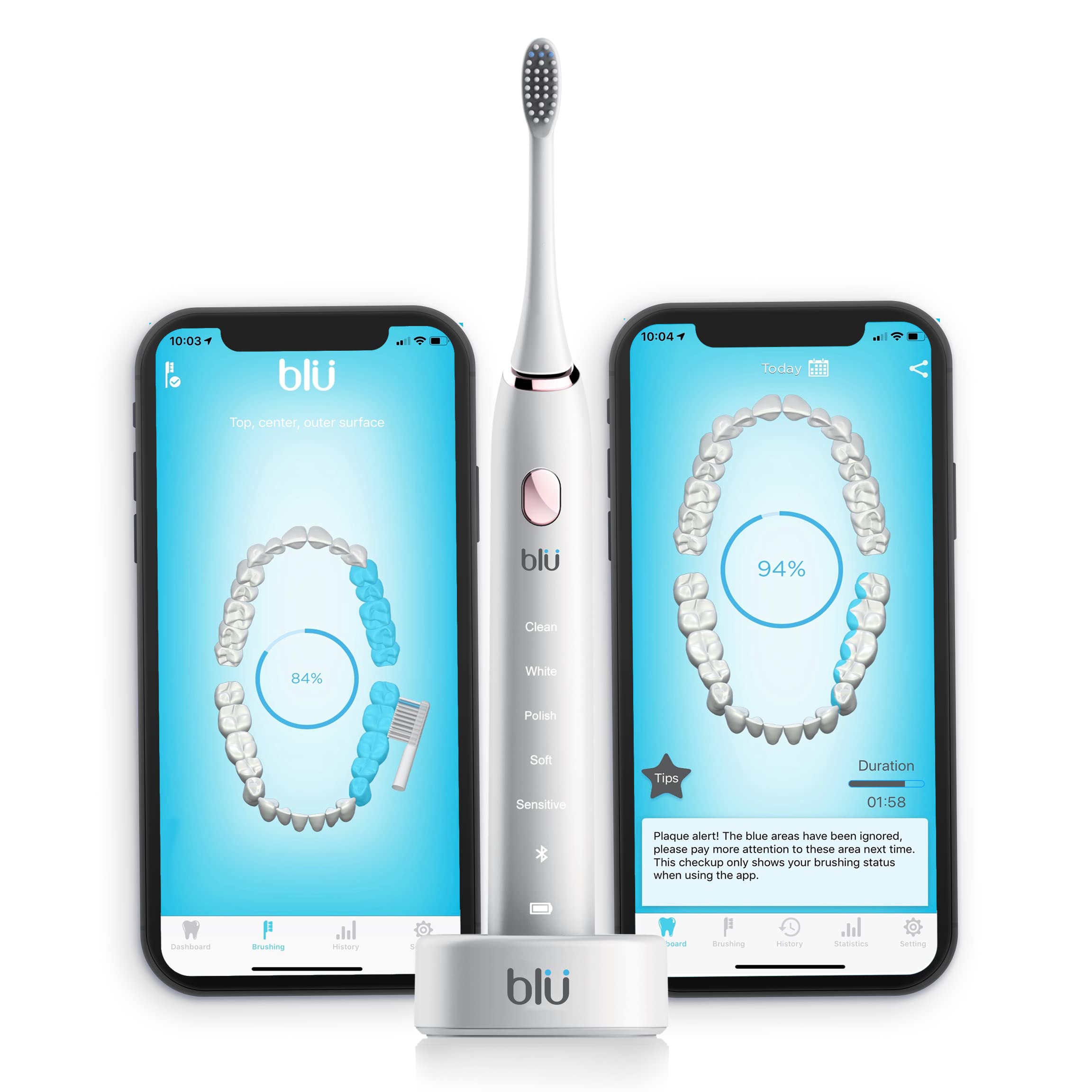 Blu Smart Electric Toothbrush Power Sonic Toothbrush with Interactive Live  Tracking App for Adults (White)