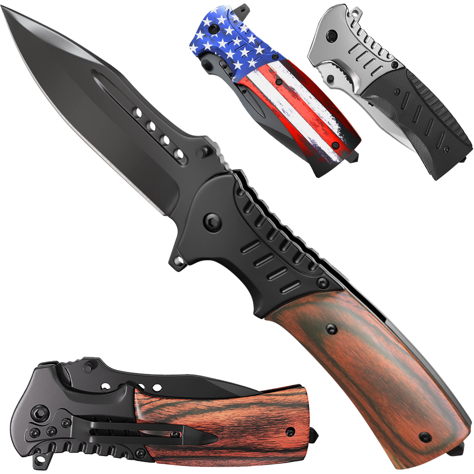 Pocket Knife Spring Assisted Folding Knives - Military EDC USMC Tactical  Jack Knifes - Best Camping Hunting Fishing Hiking Survival Knofe - Travel  Accessories Gear - Boy Scout Knife Gifts for Men 0207 1.Wood
