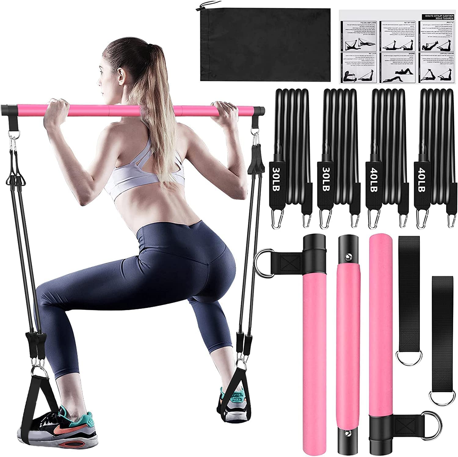 NEW START SYSTEMS - Pilates Bar Kit with Resistance Bands [3 Pairs] -  Innovative 3 Section Pilate Bar