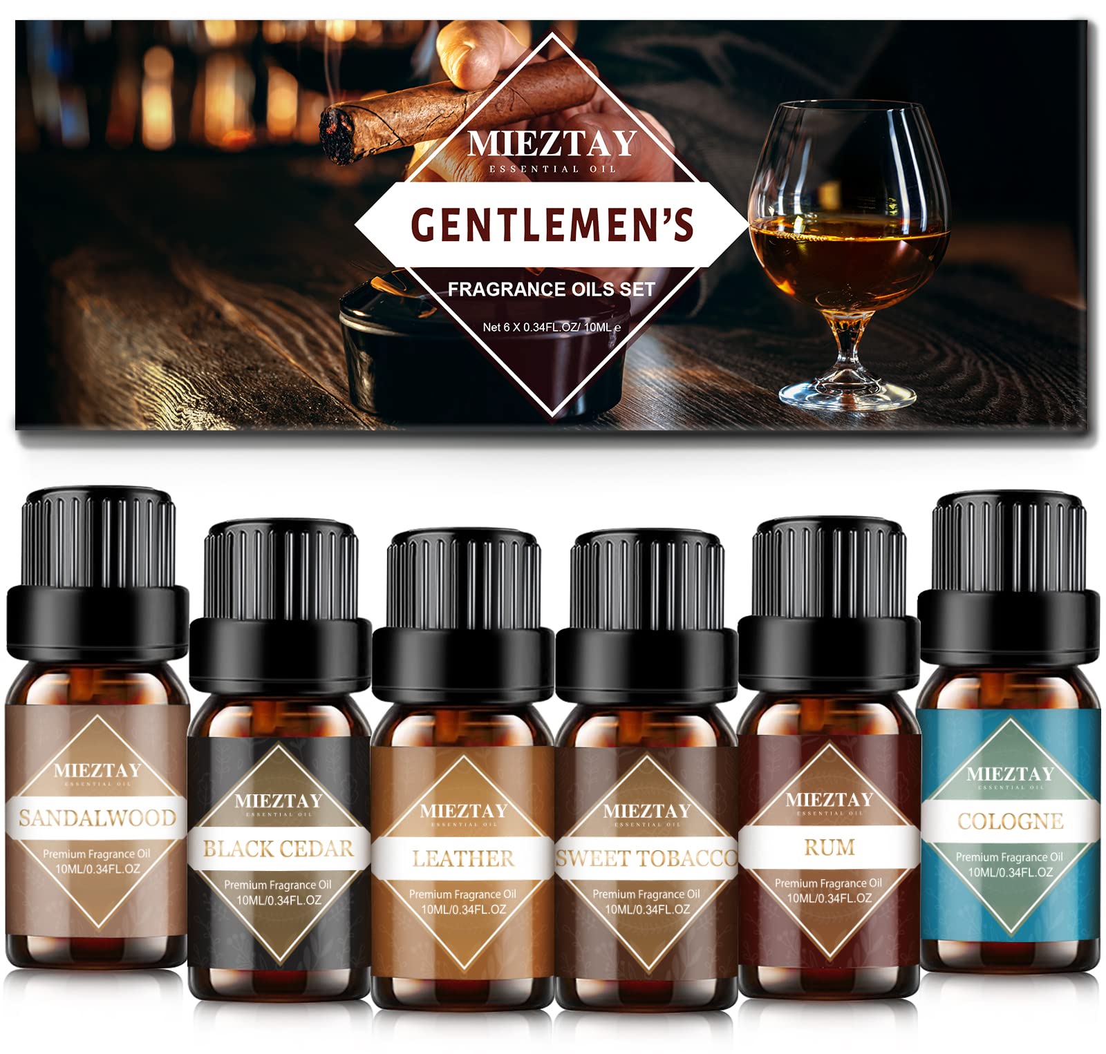 Gentlemen's Essentials Fragrance Oils 8 X 10 mL (0.33 Oz) - 100% Pure -  Leather, Bay Rum, Cedarwood, Sandalwood, Tobacco Rose, Bamboo, Birchwood  Pine, Masculine Musk Gift Set of 8 by Sponix 8 Pack 