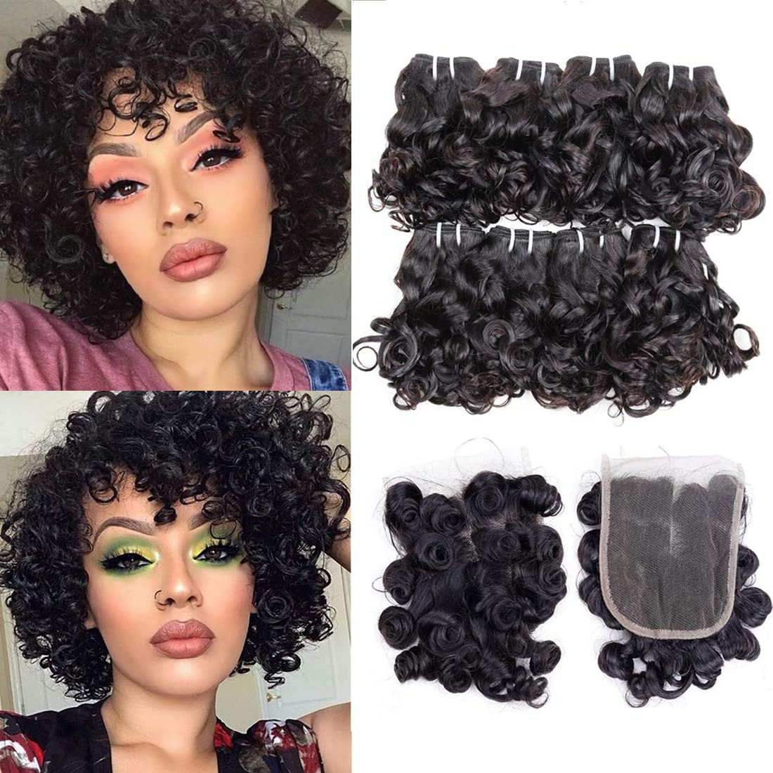 Peruvian Curly Hair Bundles Short Bob Curly Human Hair Bundles with Closure  10A Ocean Weave 8 Bundles with 4x4 Closure(8 8 8 8 8 8 8 8+8)25g/Bundle  Peruvian Virgin Human Hair Bundles Natural Color 8 8 8 8 8