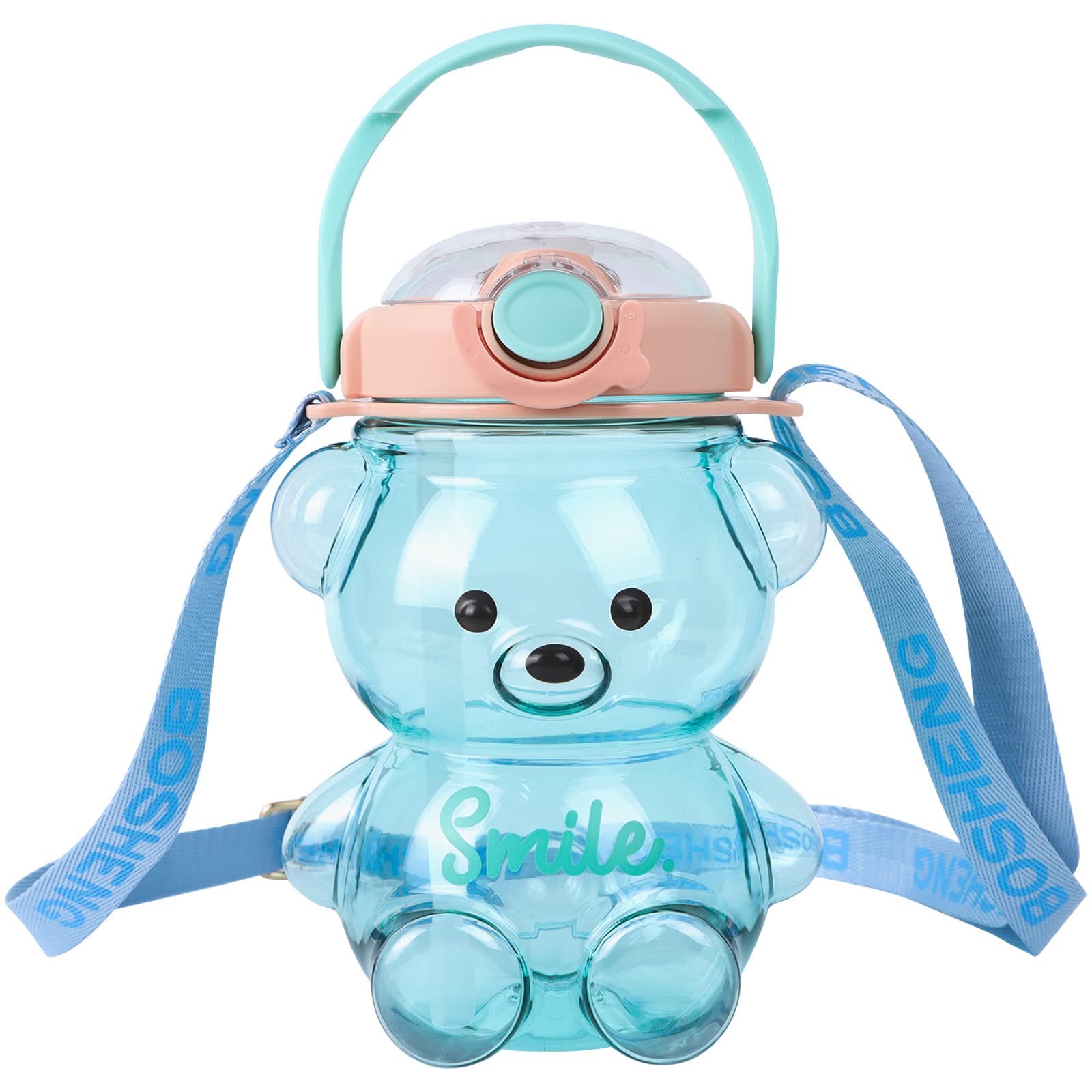 SEAHOME kawaii bear straw bottle,cute portable water bottles with straw and  built in carrying loop, adjustable & removable shoulder s