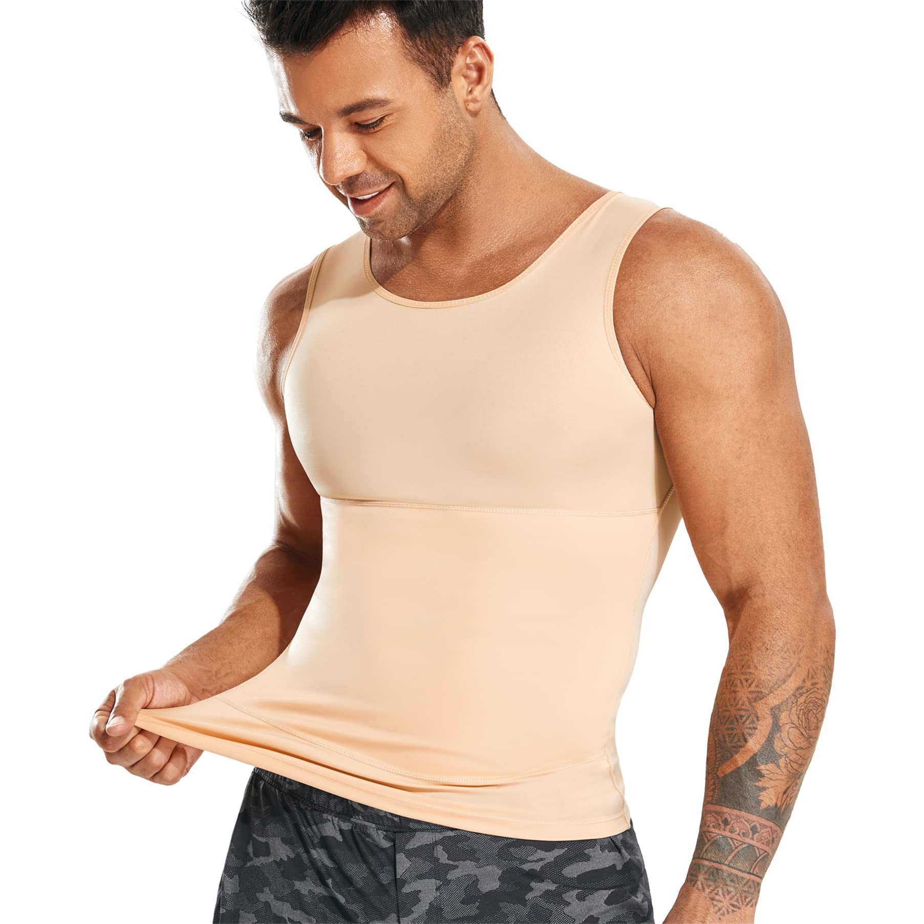 Mens Compression Shirt Slimming Body Shaper Vest Workout Tank Tops Abs  Abdomen Undershirts Medium 1-beige