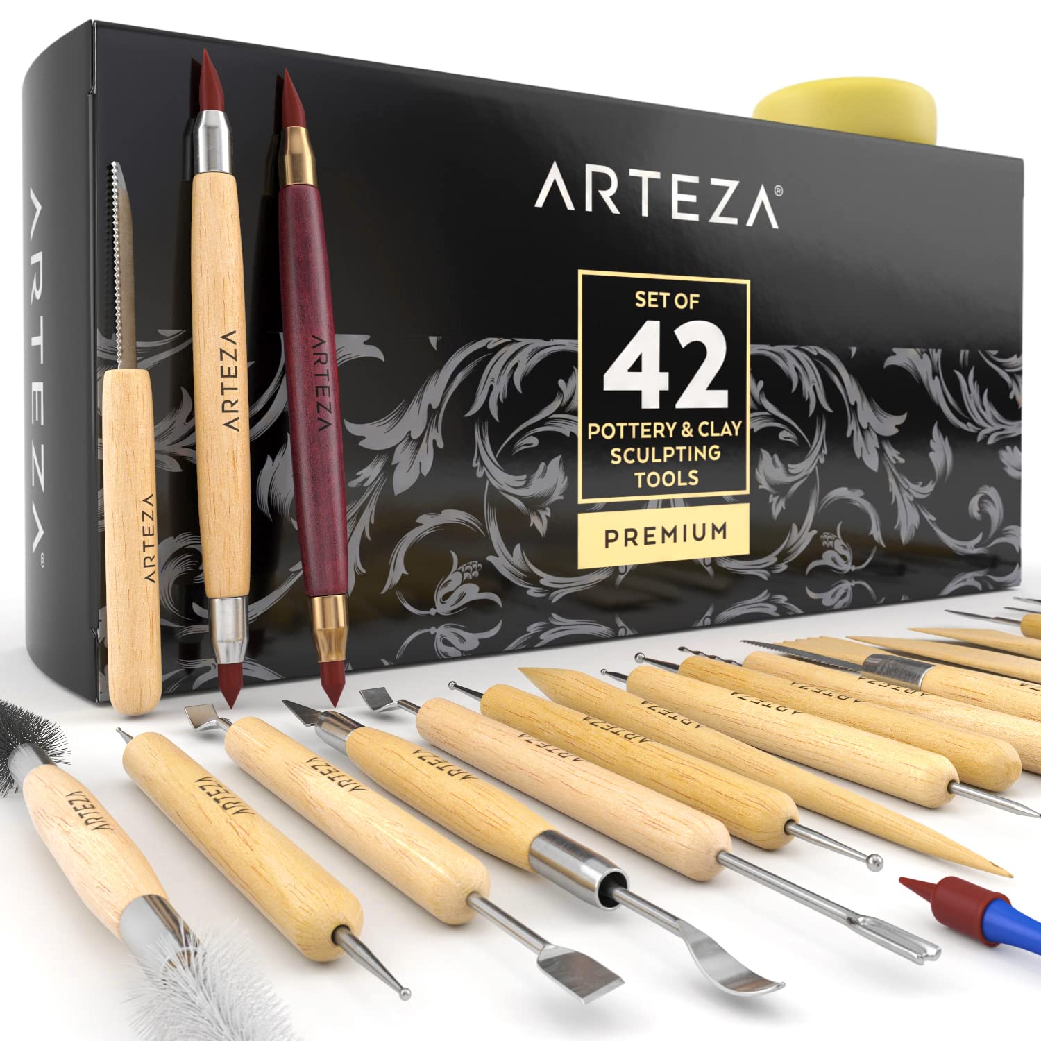 ARTEZA Pottery & Polymer Clay Tools 42-Piece Sculpting Set Steel Tip Tools  with Wooden Handles for Pottery Modeling Smoothing Carving & Ceramics Set  of 42