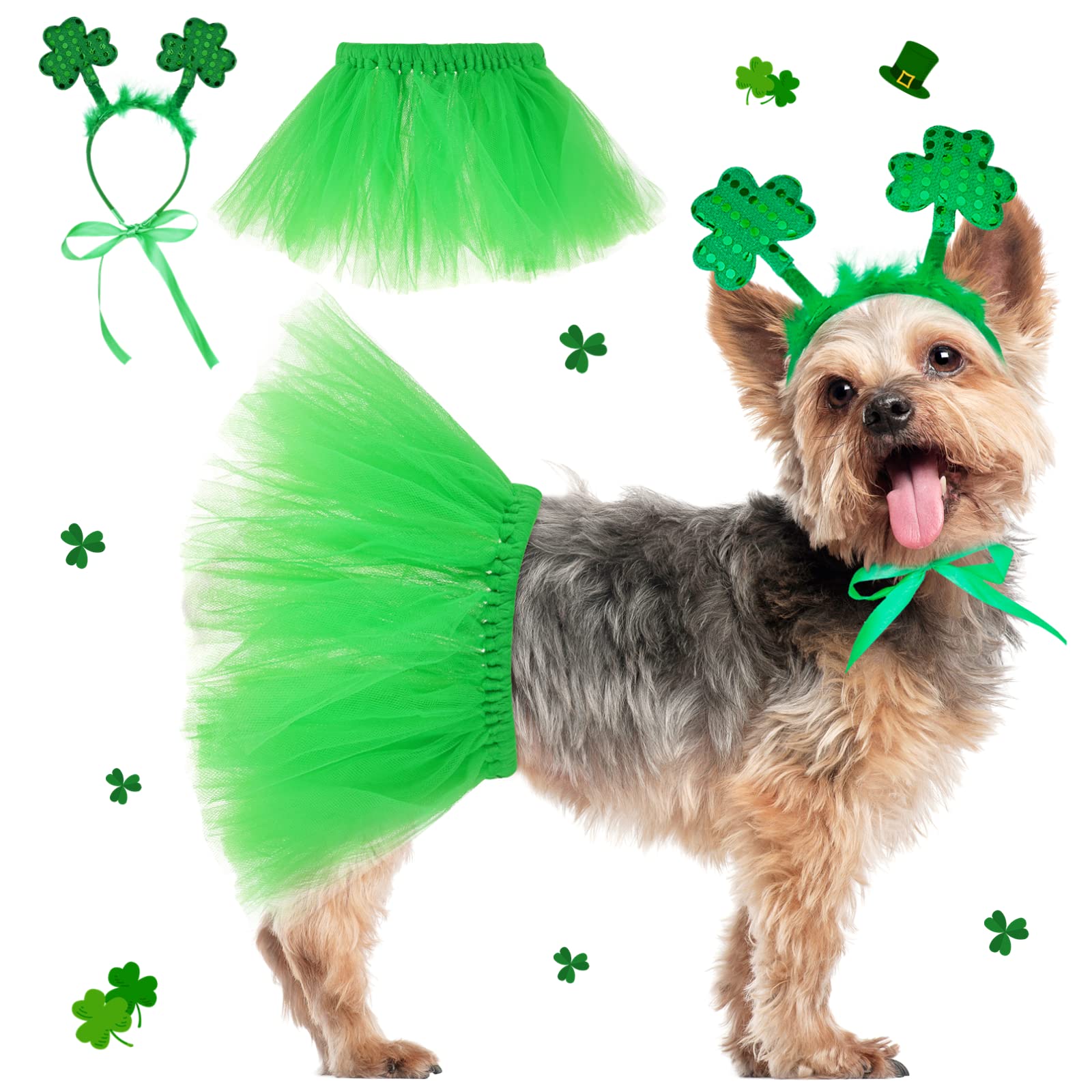 2pcs St. Patrick's Day Dog Outfit, Green Puppy Tutu Skirt