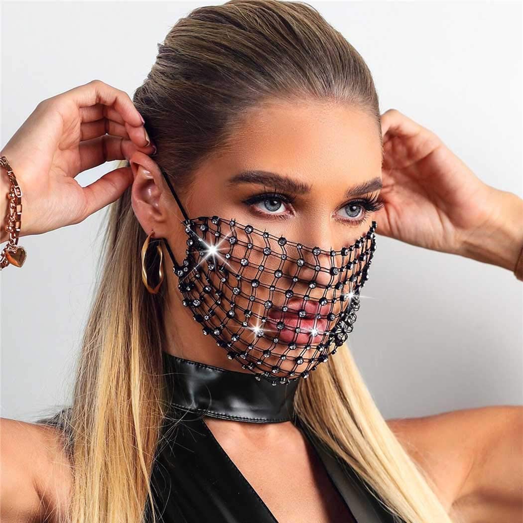 Salliy Rhinestone Mesh Mask Sparkly Crystal Halloween Masquerade Face Masks  Glitter Face Covering Jewelry for Women and Girls