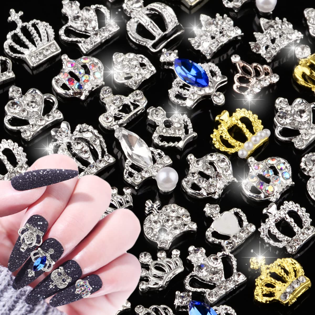 editTime 20 pieces Metal Alloy 24K Gold 3D Luxury Black Zircon Nail  Diamonds Rhinestone Crystal Nail Studs Manicure Jewelry for Crafts DIY Nail  Art