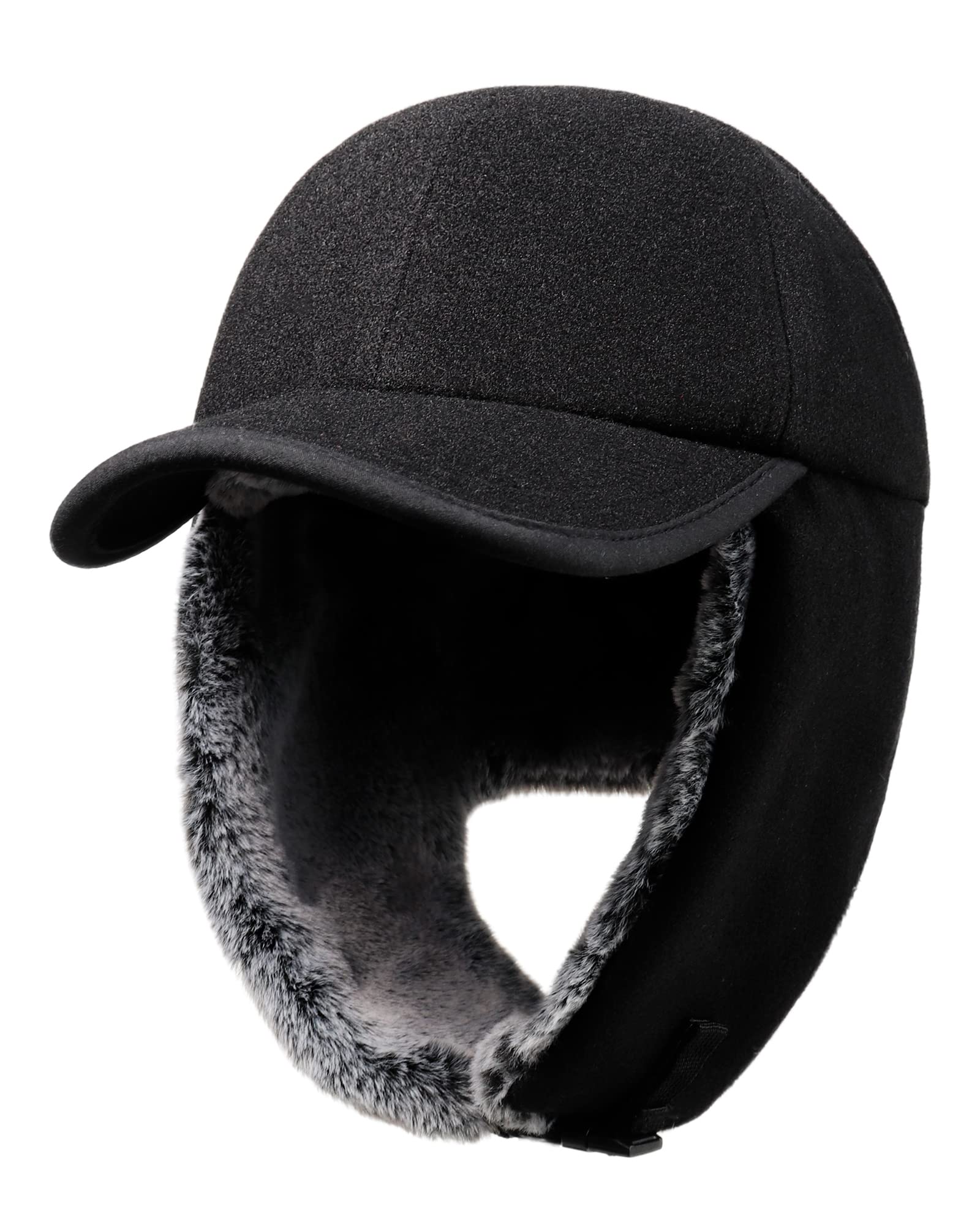 Gisdanchz Winter Baseball Fully Ear Lined Fur Long Flaps Black Woolen Faux Outer, Cap with Medium-Large - Blend