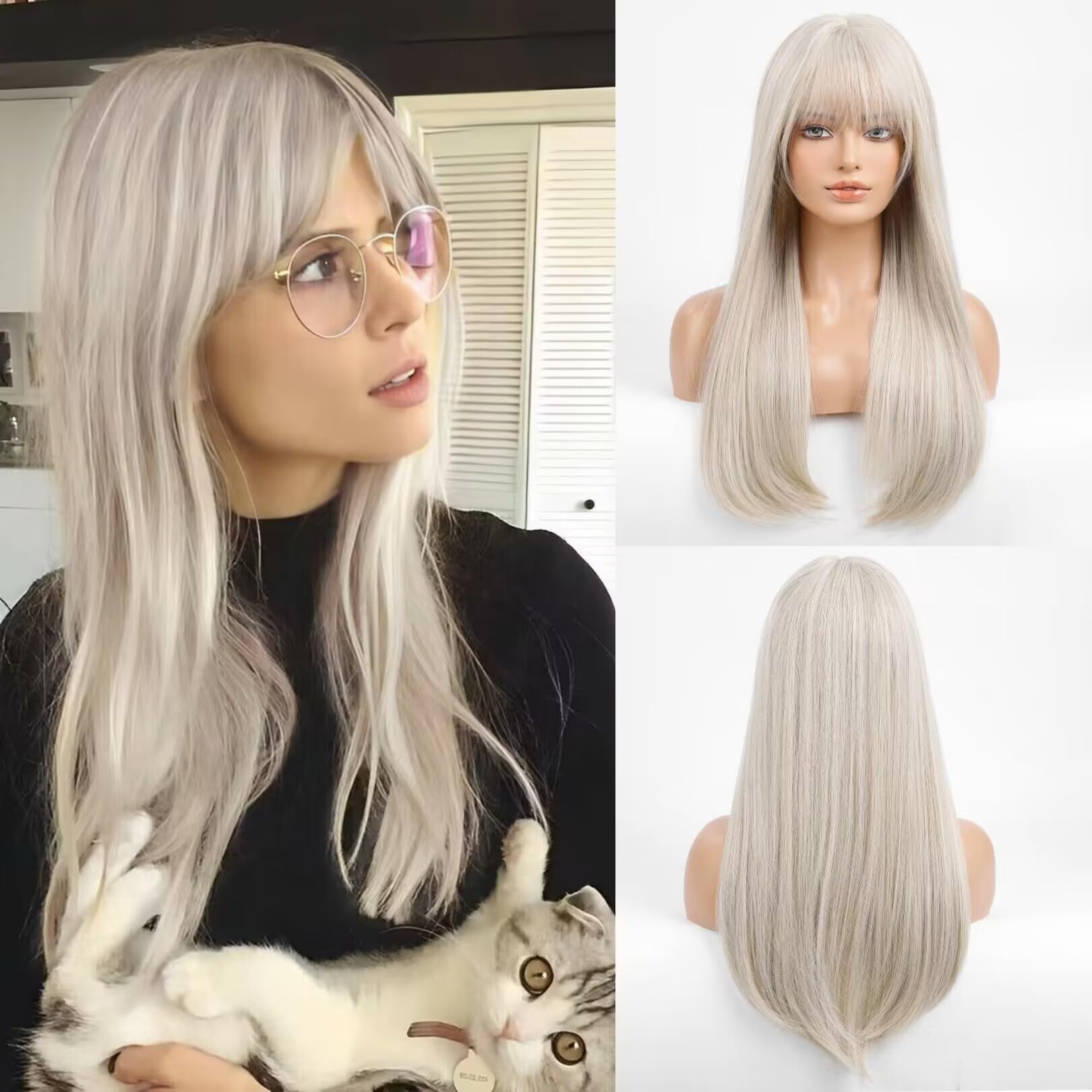 HAIRCUBE Long Grey Wigs for Women with Highlights Straight Wigs