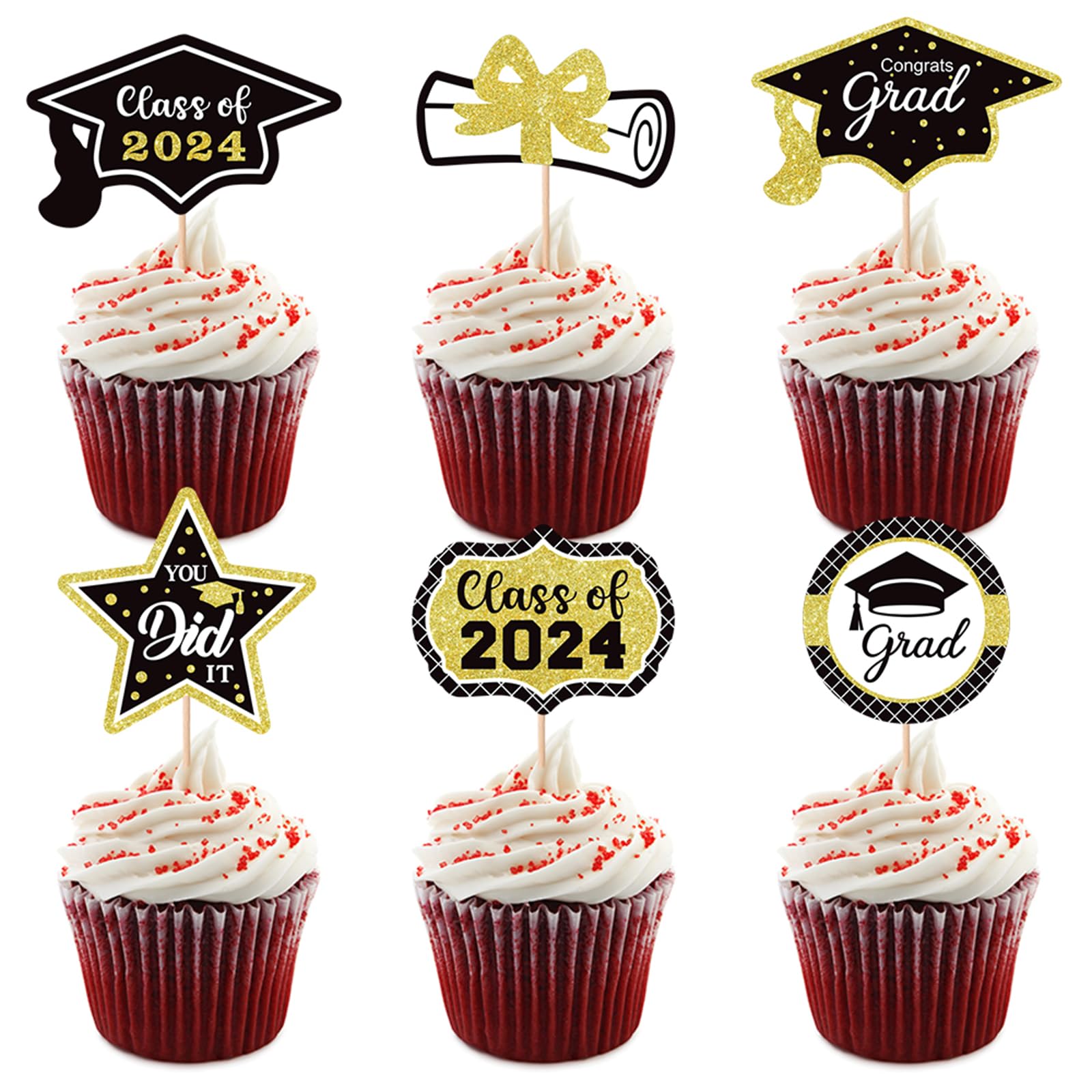 2024 Graduation Cupcake Toppers - 12Pcs Glitter Black Gold Class of ...