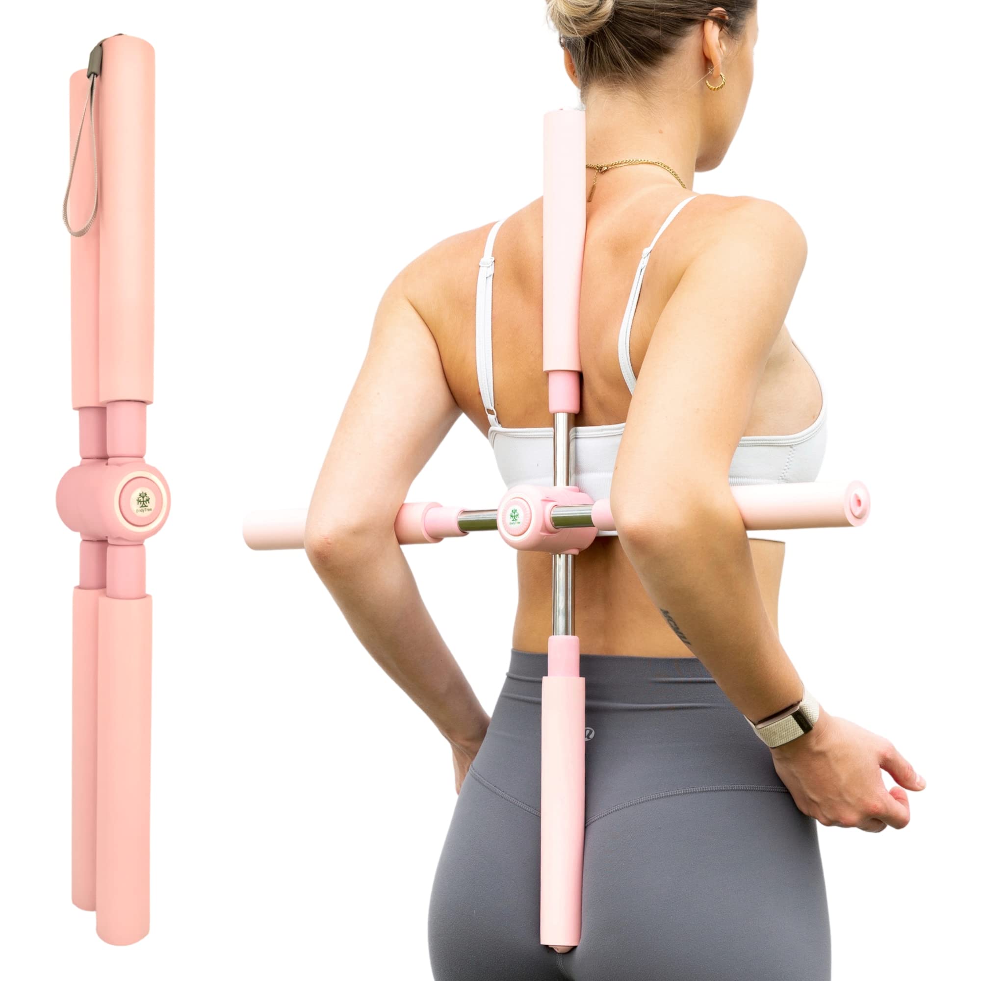 BodyTree Posture Corrector Yoga Cross Stick - Compact and Adjustable  Stretch Pole - Cracker bar - Stretcher for Upper and Lower Back Pain Relief  Pink